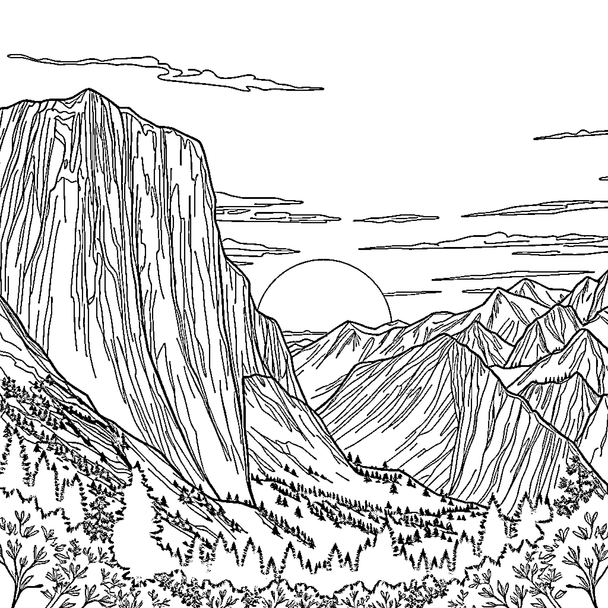 Sun shining over majestic mountain landscape Coloring Page (free black-and-white line drawing printable PDF for all, from beginners to advanced learners, including children, teens, adults, and seniors)