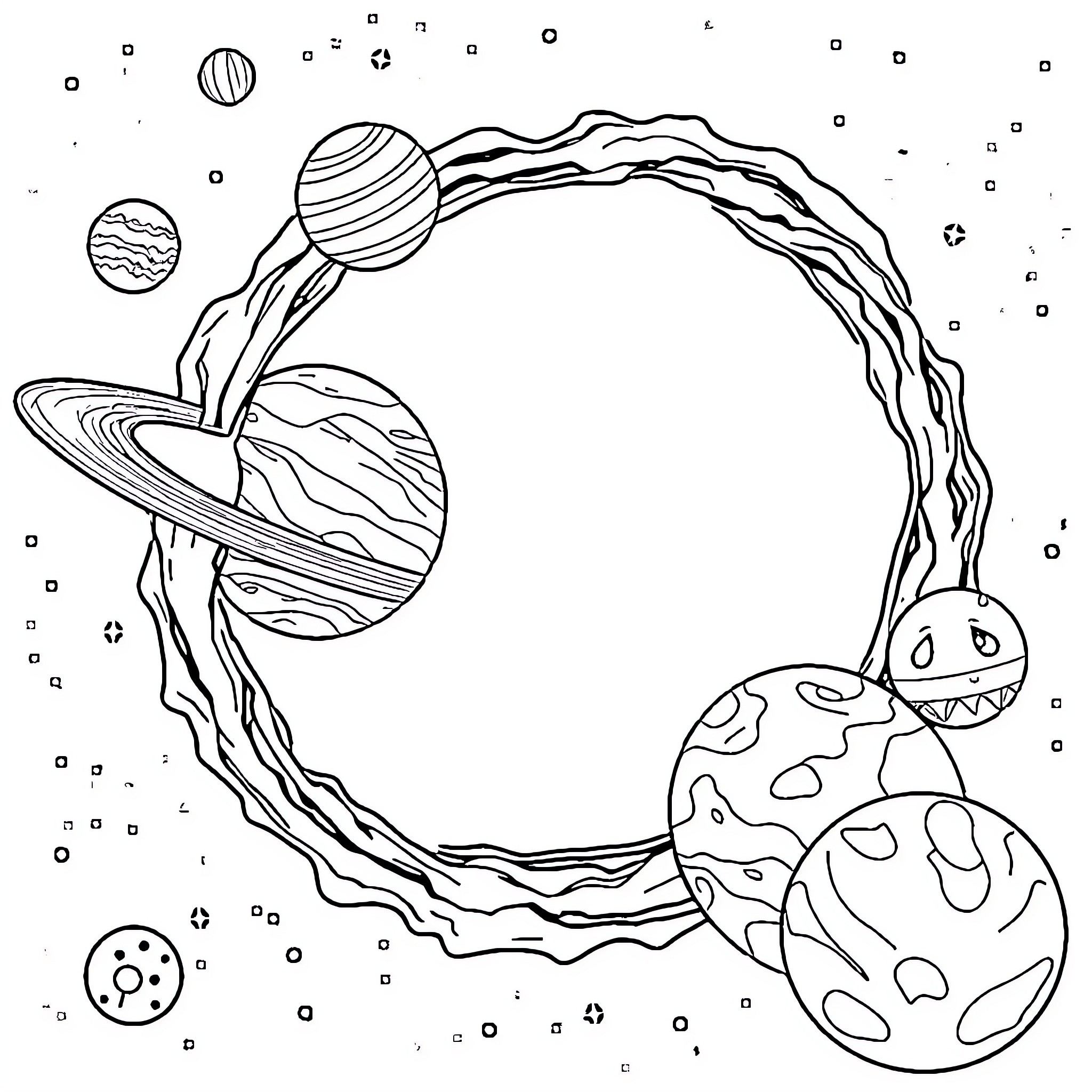 Planet Orbiting Celestial Bodies in Space Coloring Page (free black-and-white line drawing printable PDF for all, from beginners to advanced learners, including children, teens, adults, and seniors)