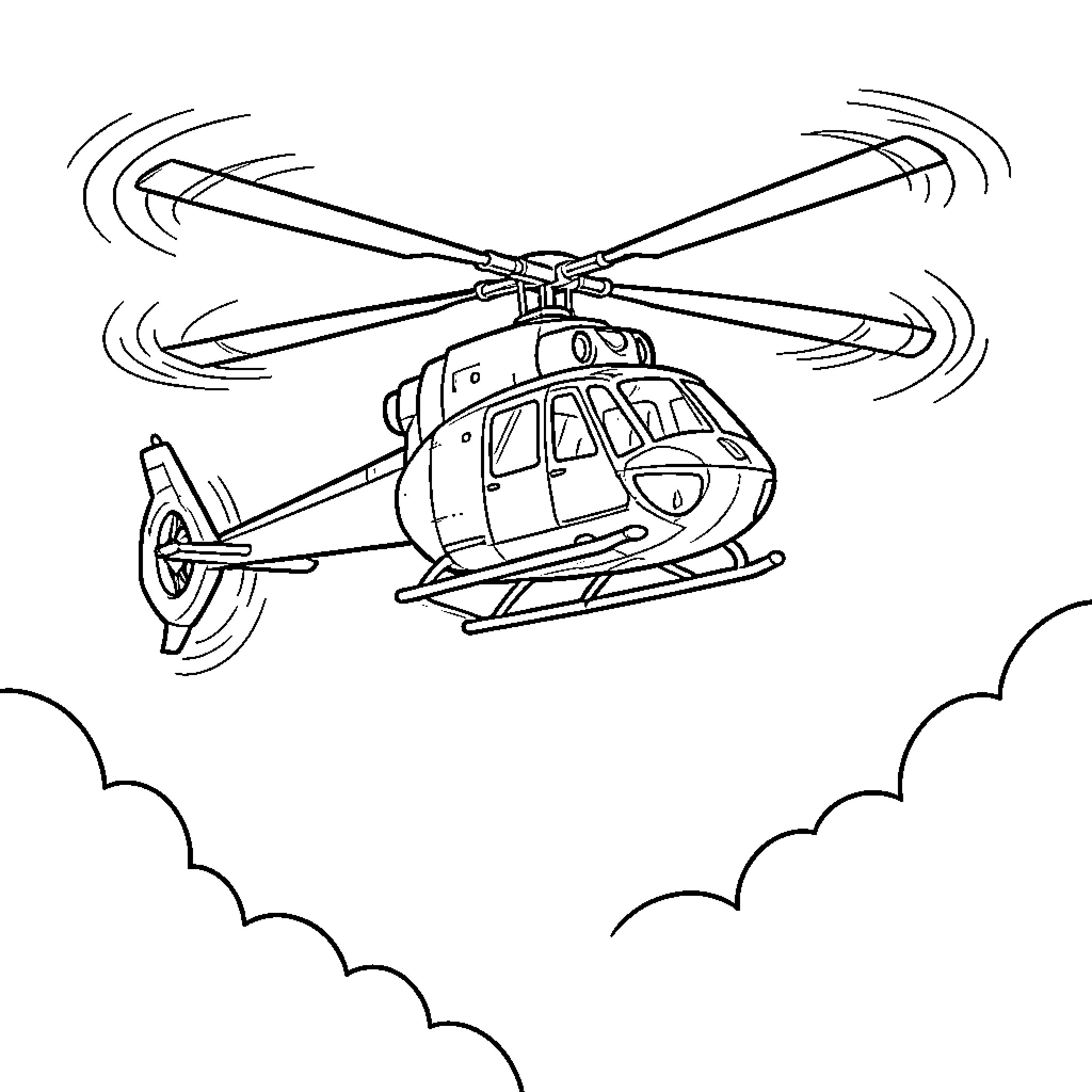 Helicopter flying through the clouds in the sky Coloring Page (free black-and-white line drawing printable PDF for all, from beginners to advanced learners, including children, teens, adults, and seniors)