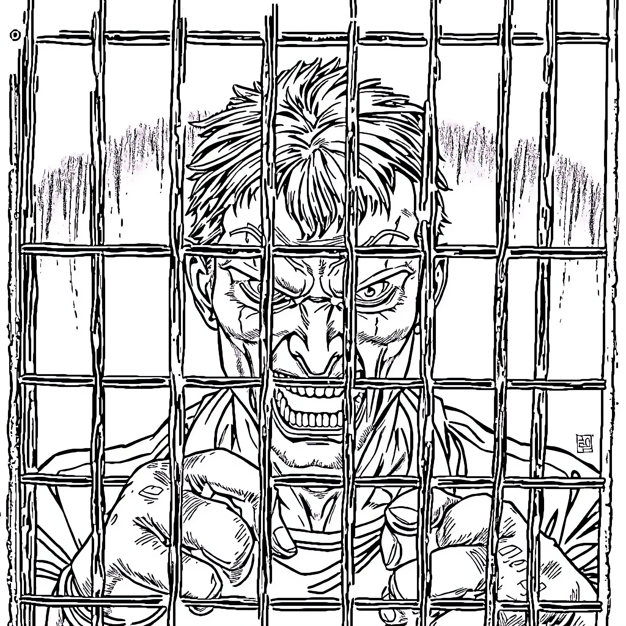 Jason's angry expression behind prison bars Coloring Page (free black-and-white line drawing printable PDF for all, from beginners to advanced learners, including children, teens, adults, and seniors)