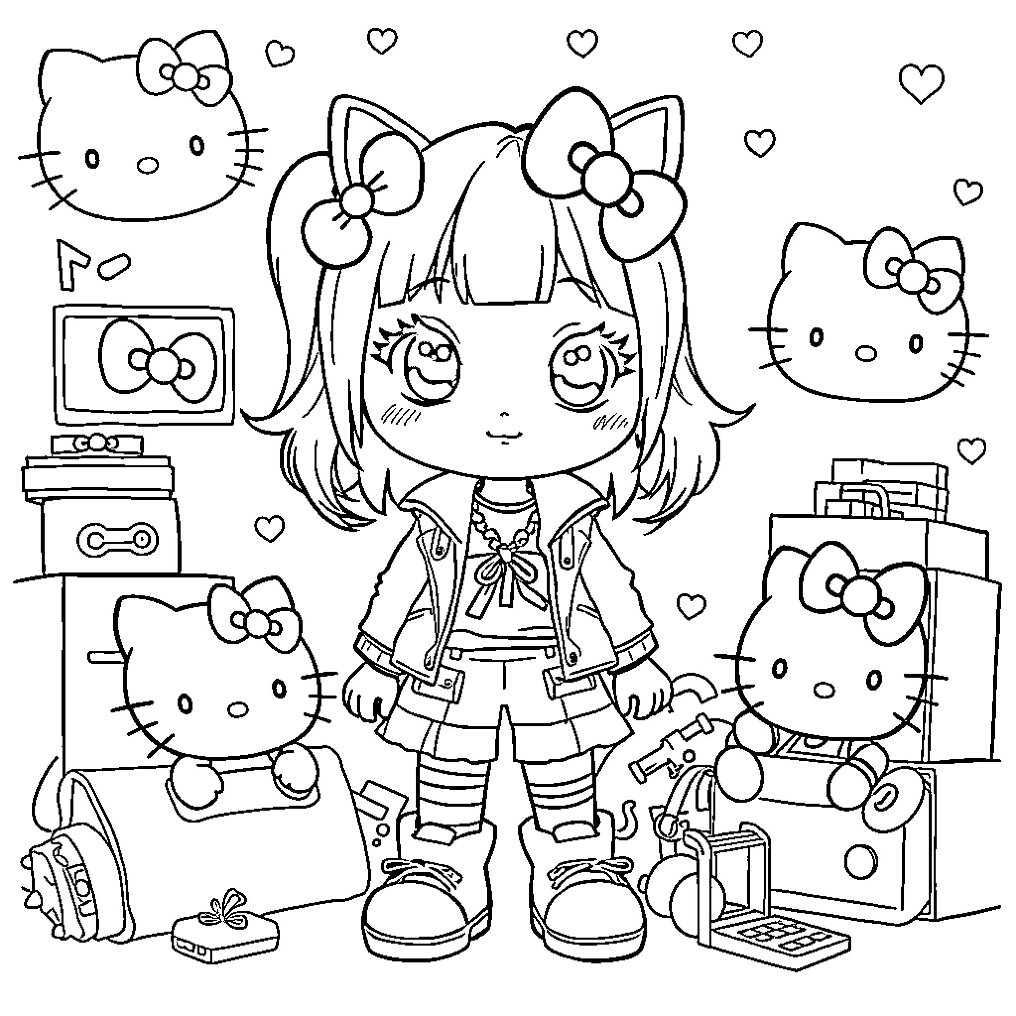 Zoey's Hello Kitty-inspired Fun and Games Coloring Page (free black-and-white line drawing printable PDF for all, from beginners to advanced learners, including children, teens, adults, and seniors)