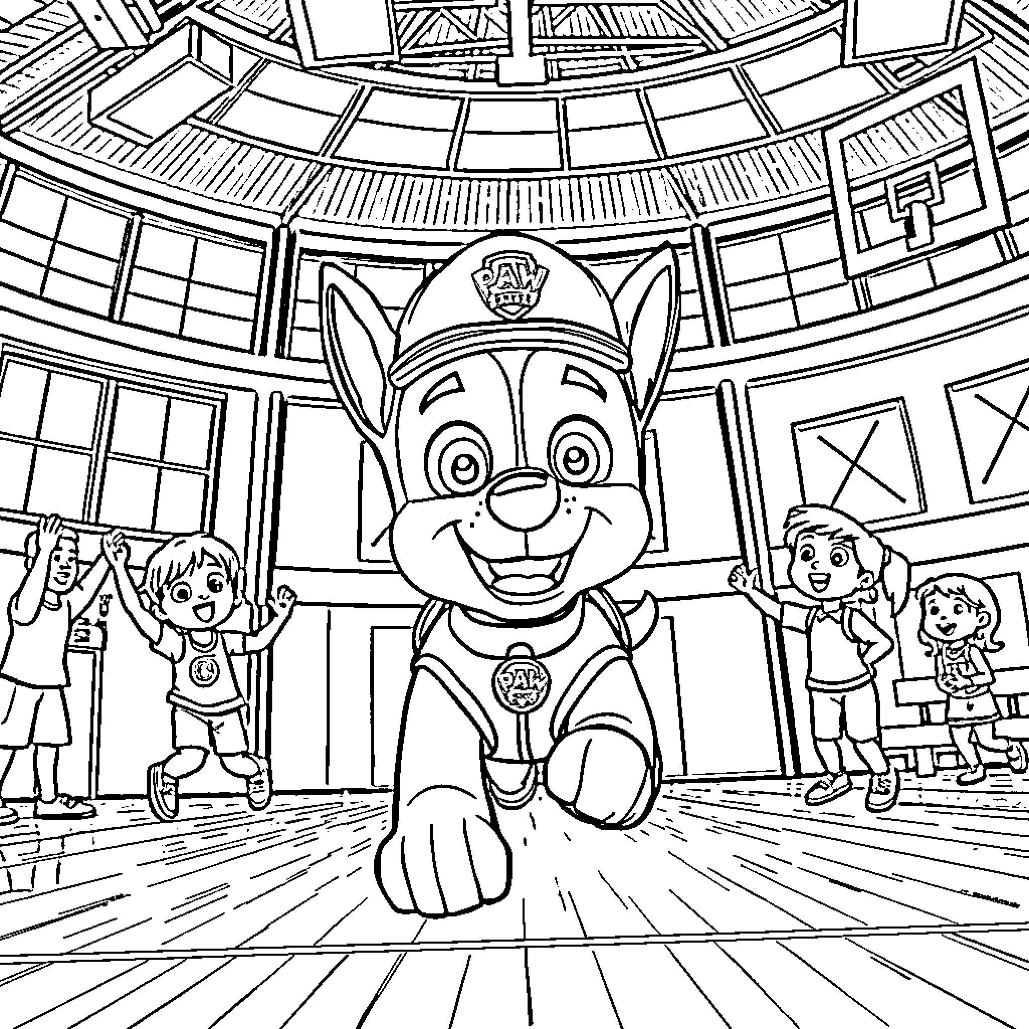 Chase for Paw Patrol's pup in action-packed headquarters Coloring Page (free black-and-white line drawing printable PDF for all, from beginners to advanced learners, including children, teens, adults, and seniors)