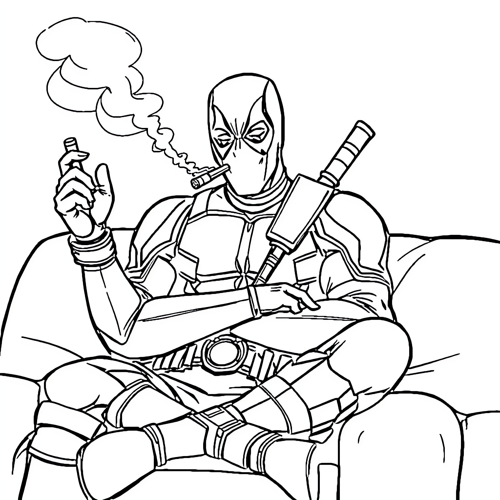 Deadpool relaxing with weapons and smoke Coloring Page (free black-and-white line drawing printable PDF for all, from beginners to advanced learners, including children, teens, adults, and seniors)