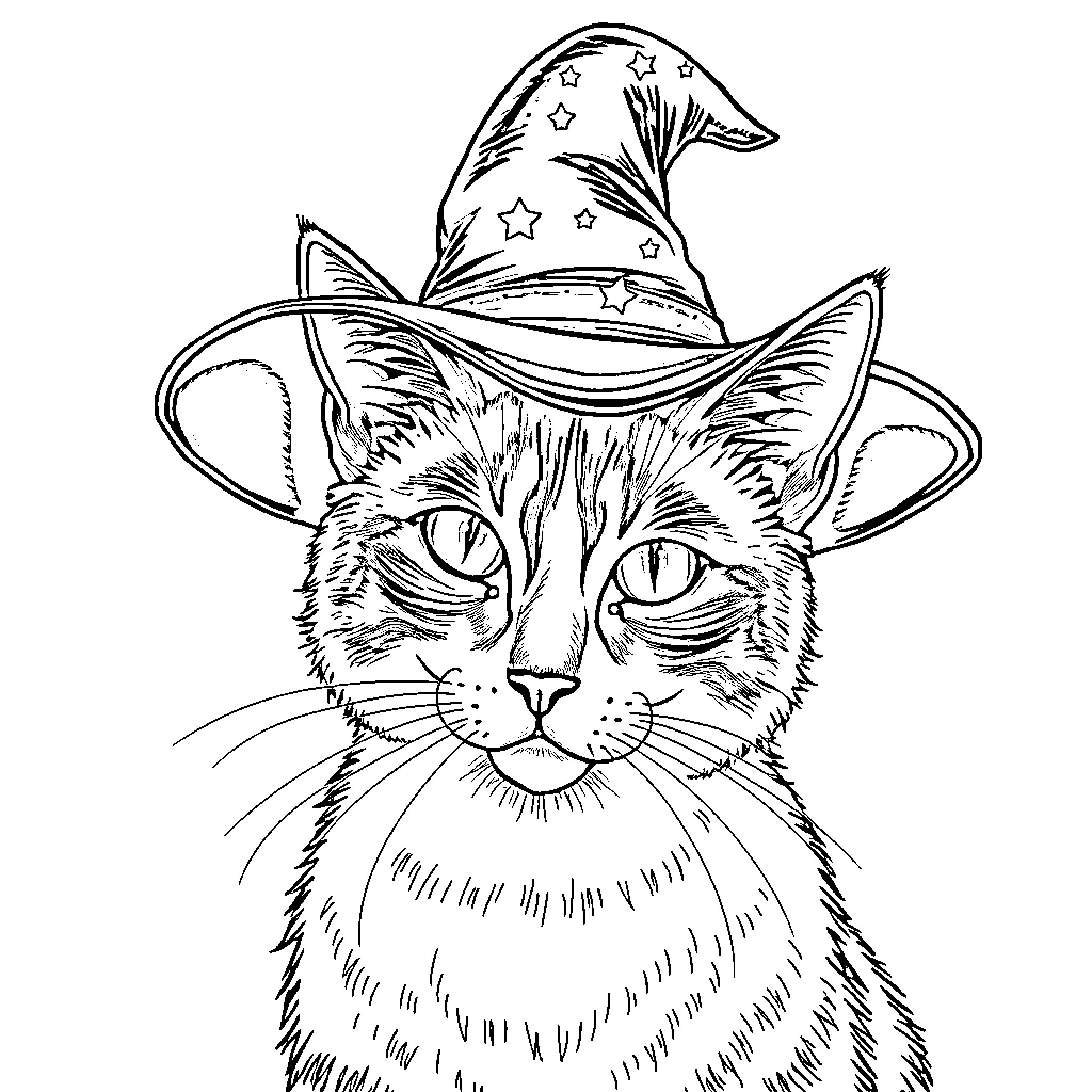 Calico Cat with Whimsical Wizard Hat Coloring Page (free black-and-white line drawing printable PDF for all, from beginners to advanced learners, including children, teens, adults, and seniors)
