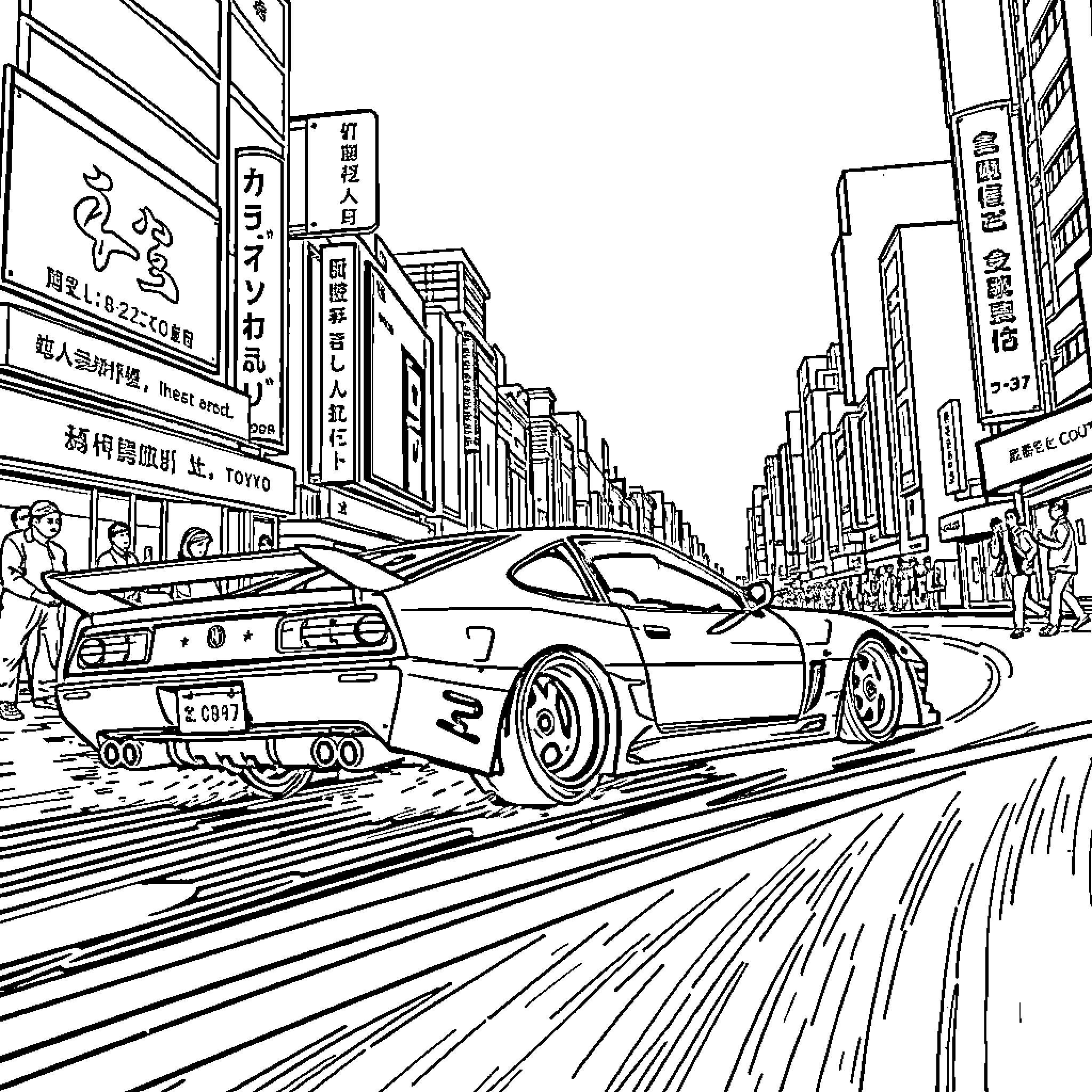 Car racing through city streets at high speed Coloring Page (free black-and-white line drawing printable PDF for all, from beginners to advanced learners, including children, teens, adults, and seniors)