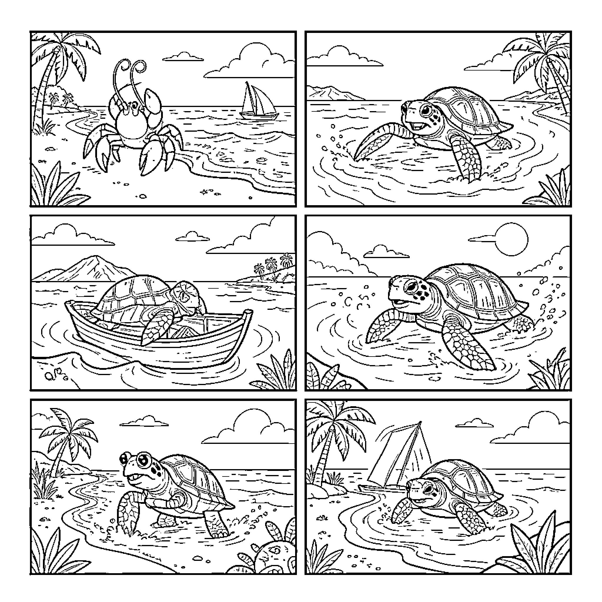 Crab and sea turtles enjoying a day at the beach Coloring Page (free black-and-white line drawing printable PDF for all, from beginners to advanced learners, including children, teens, adults, and seniors)