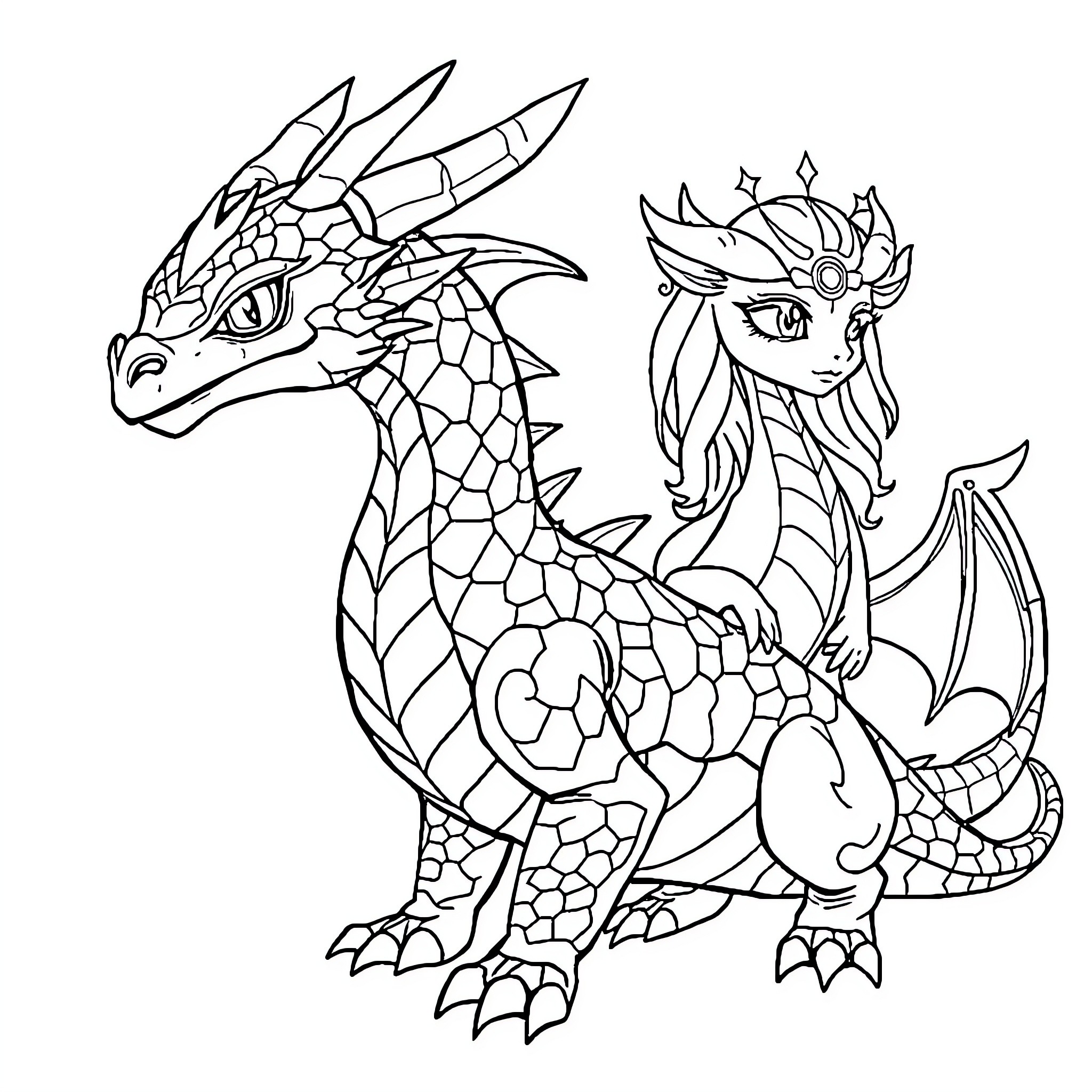 Dragon characters in fierce poses and ornate outfits Coloring Page (free black-and-white line drawing printable PDF for all, from beginners to advanced learners, including children, teens, adults, and seniors)