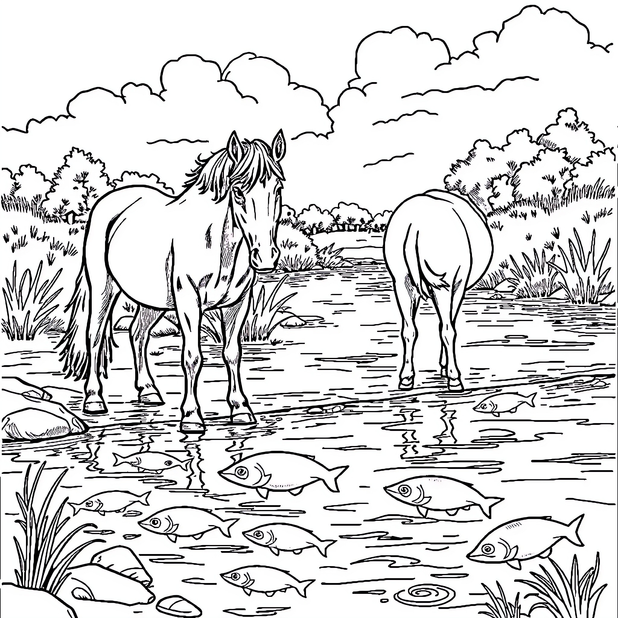 Horse pair drinking from pond in idyllic nature scene Coloring Page (free black-and-white line drawing printable PDF for all, from beginners to advanced learners, including children, teens, adults, and seniors)