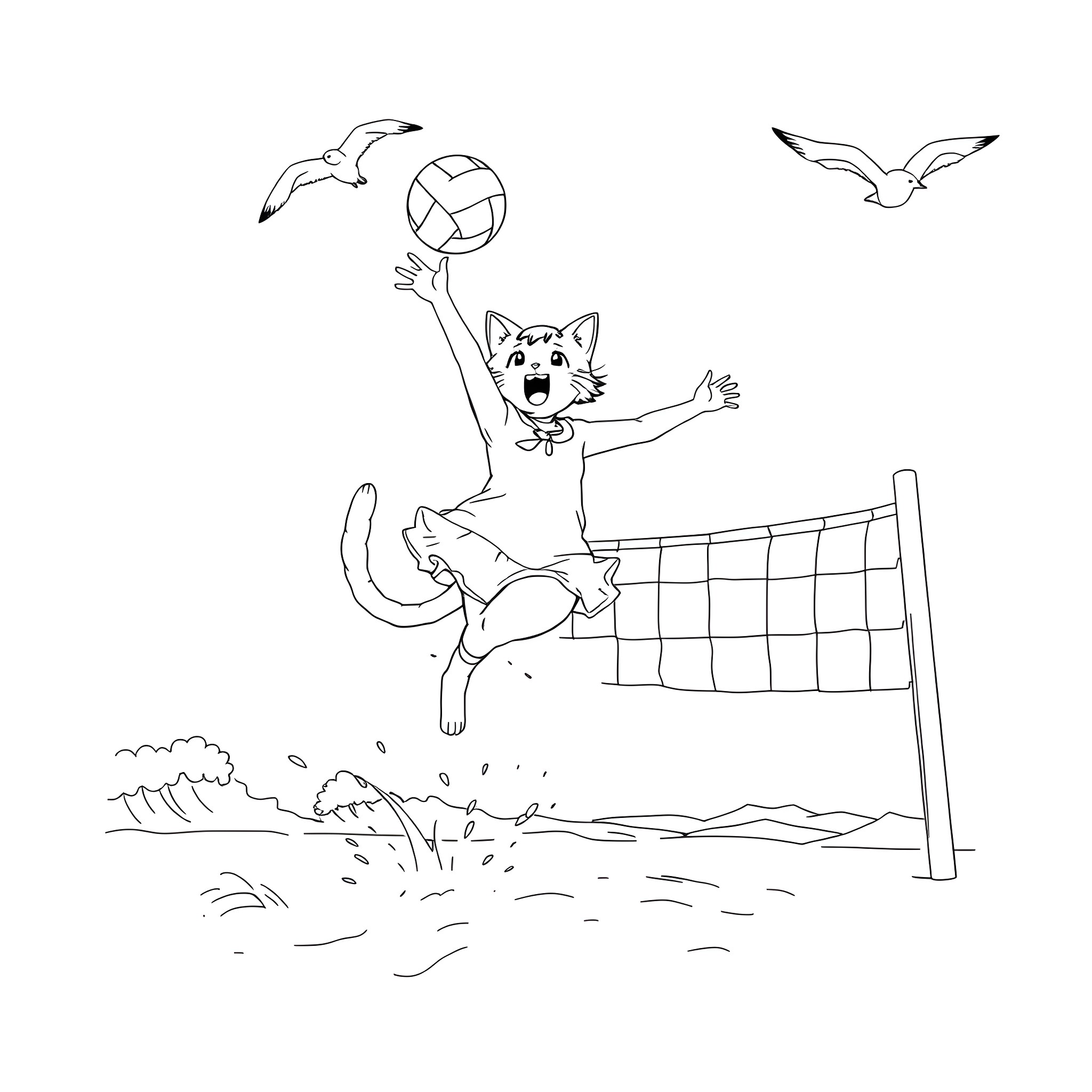 Koneko playing beach volleyball with seagulls Coloring Page (free black-and-white line drawing printable PDF for all, from beginners to advanced learners, including children, teens, adults, and seniors)