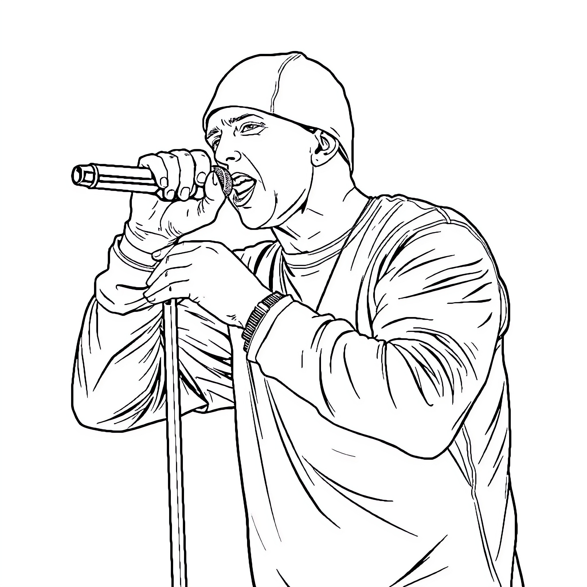 Eminem Performing Energetically on Stage Coloring Page (free black-and-white line drawing printable PDF for all, from beginners to advanced learners, including children, teens, adults, and seniors)
