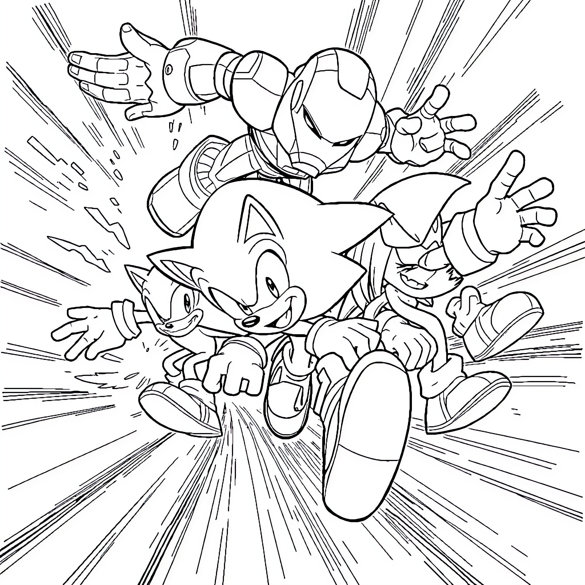 Sonic and friends in an action-packed scene Coloring Page (free black-and-white line drawing printable PDF for all, from beginners to advanced learners, including children, teens, adults, and seniors)