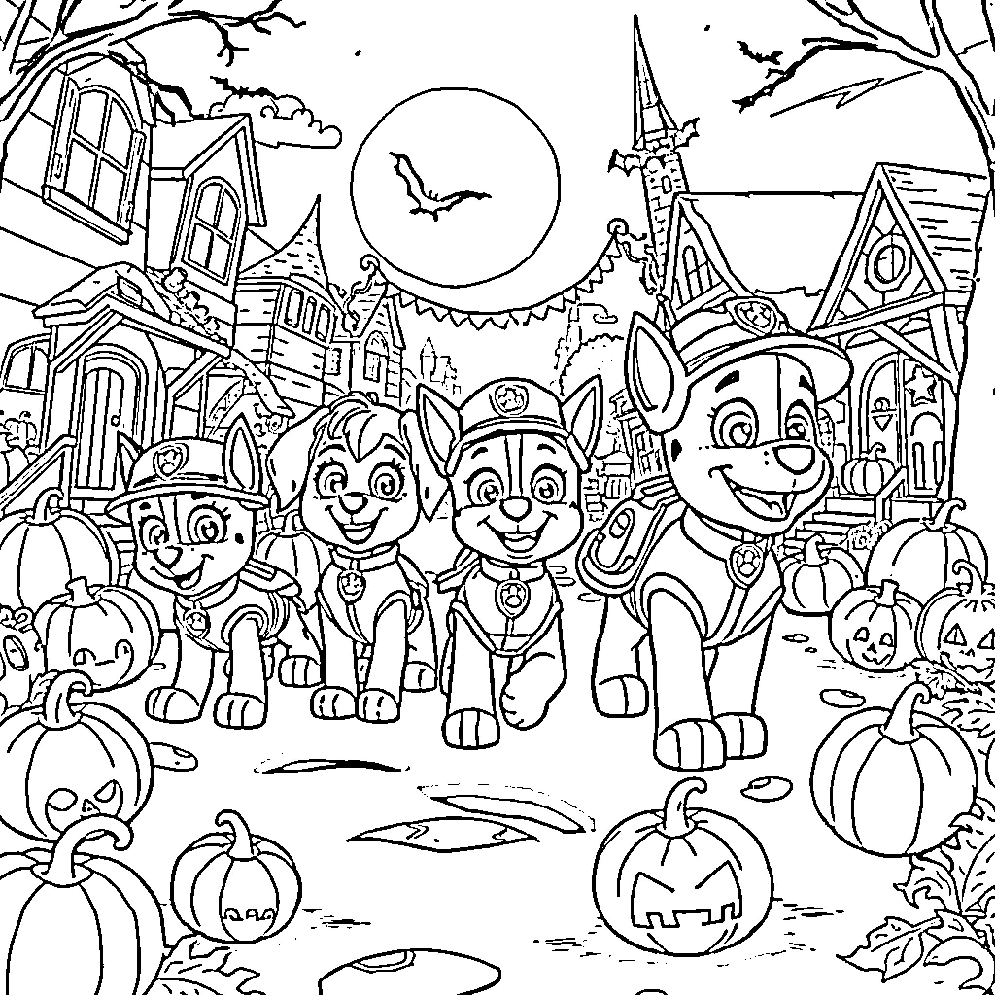 Paw Patrol Halloween Celebration in Spooky Town Coloring Page (free black-and-white line drawing printable PDF for all, from beginners to advanced learners, including children, teens, adults, and seniors)