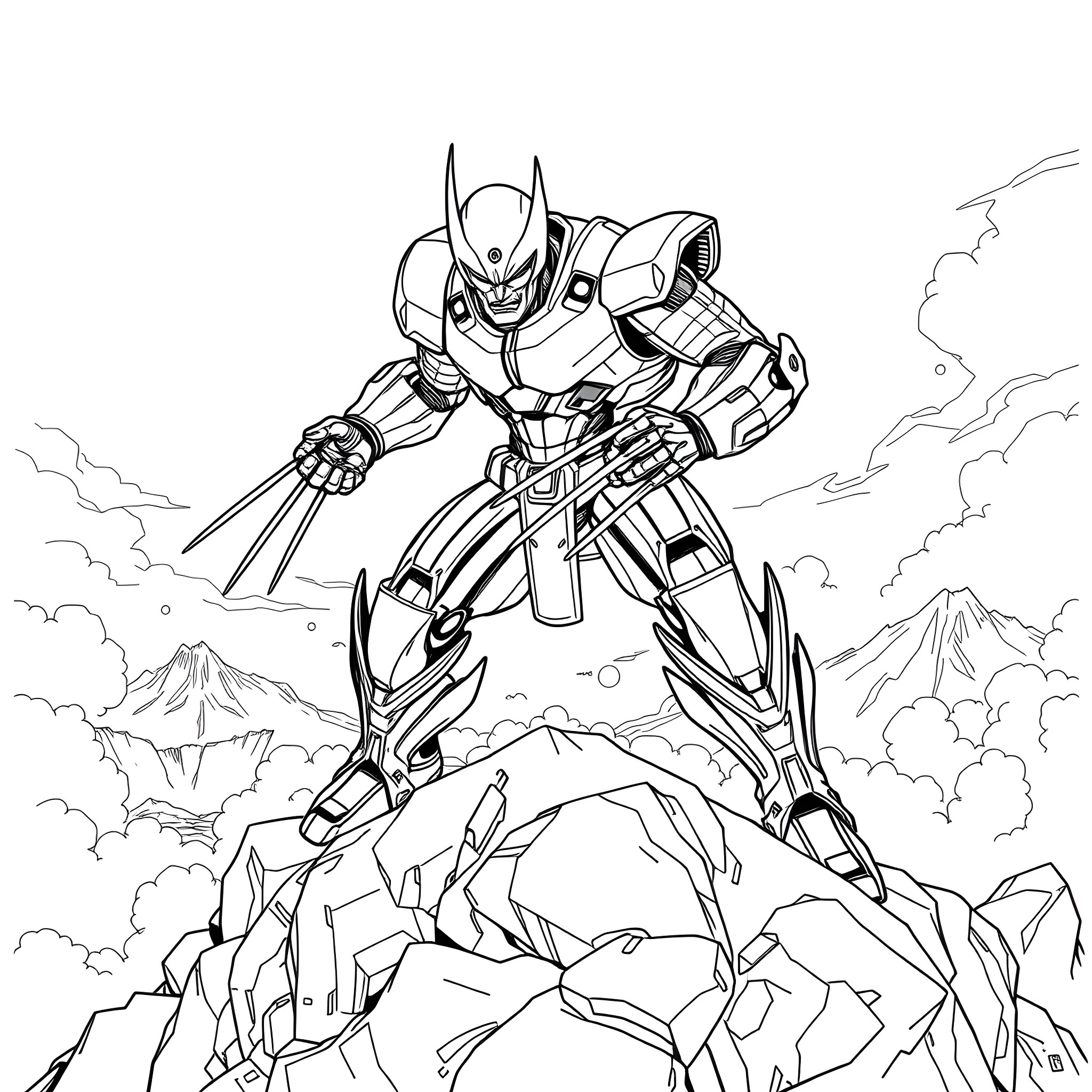 Wolverine-inspired Futuristic Mech Warrior in Rugged Terrain Coloring Page (free black-and-white line drawing printable PDF for all, from beginners to advanced learners, including children, teens, adults, and seniors)
