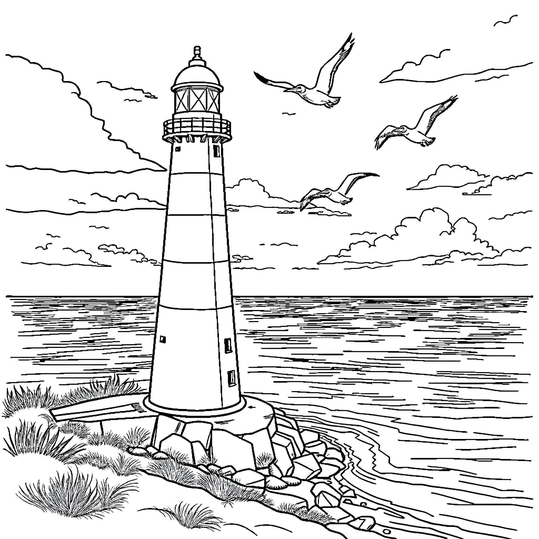 Lighthouse on the Coastal Seascape with Soaring Gulls Coloring Page (free black-and-white line drawing printable PDF for all, from beginners to advanced learners, including children, teens, adults, and seniors)