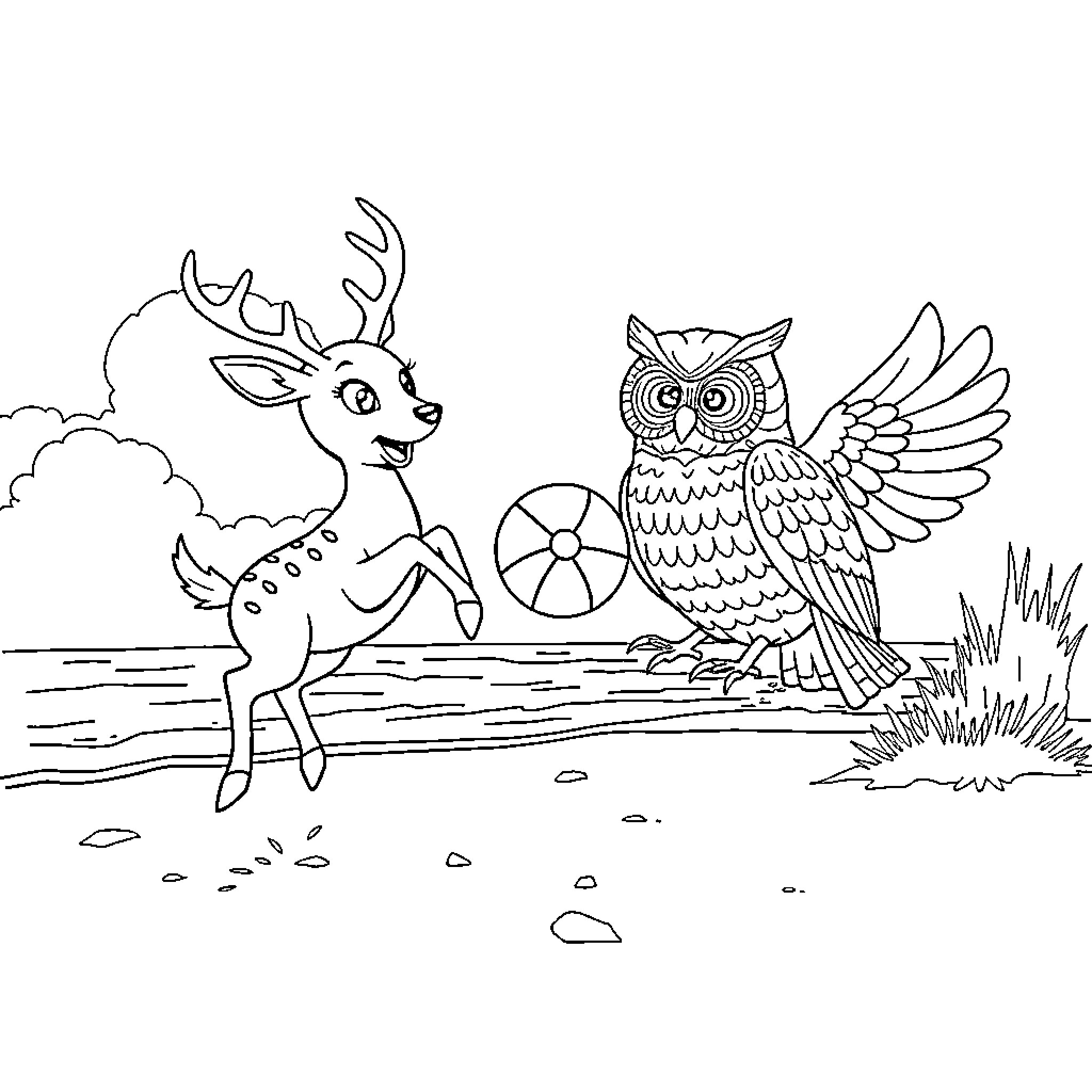 Deer playing with owl in the woods Coloring Page (free black-and-white line drawing printable PDF for all, from beginners to advanced learners, including children, teens, adults, and seniors)
