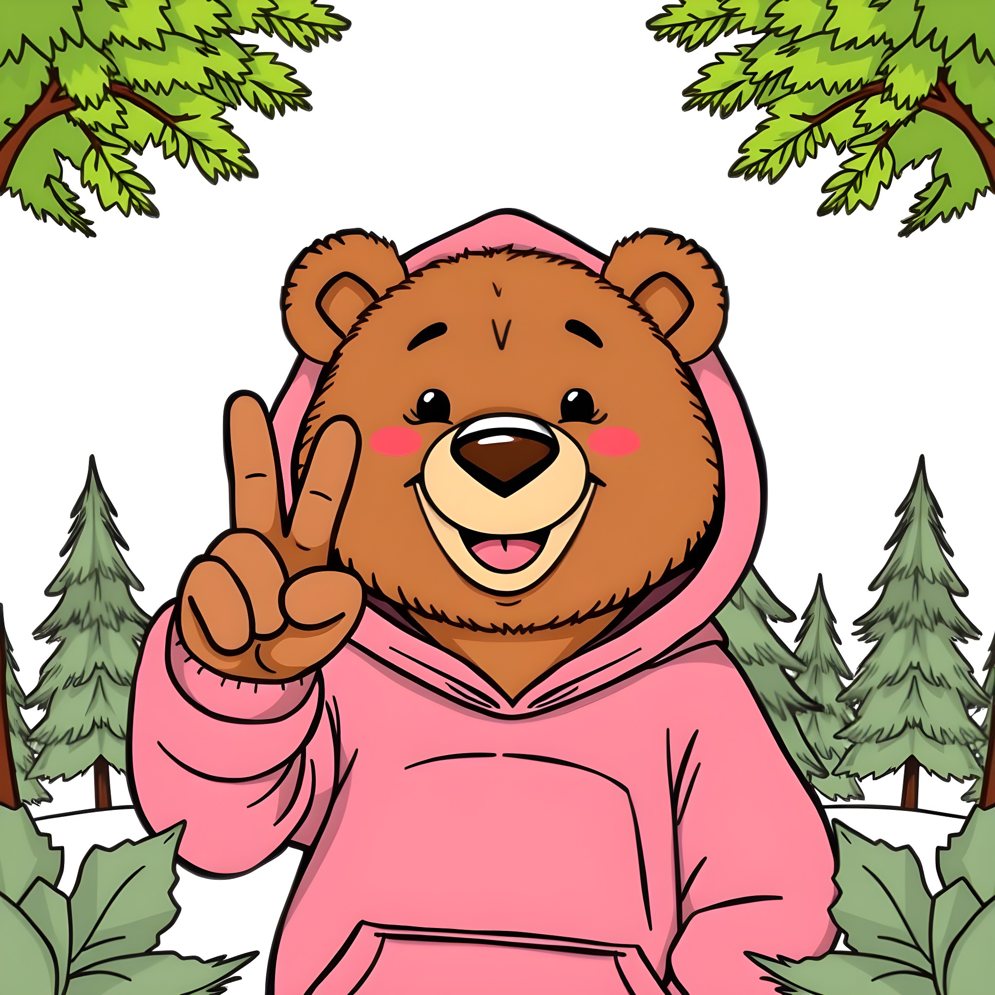 Bear showing peace sign in forest Coloring Page (free black-and-white line drawing printable PDF for all, from beginners to advanced learners, including children, teens, adults, and seniors)