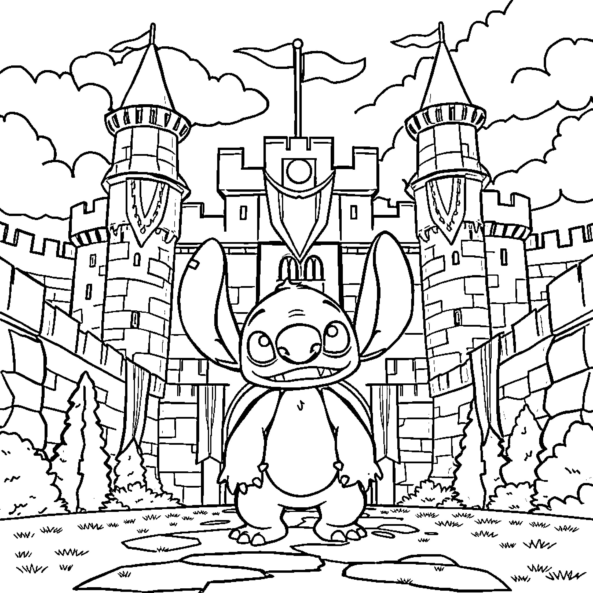 Stitch exploring a whimsical castle landscape Coloring Page (free black-and-white line drawing printable PDF for all, from beginners to advanced learners, including children, teens, adults, and seniors)