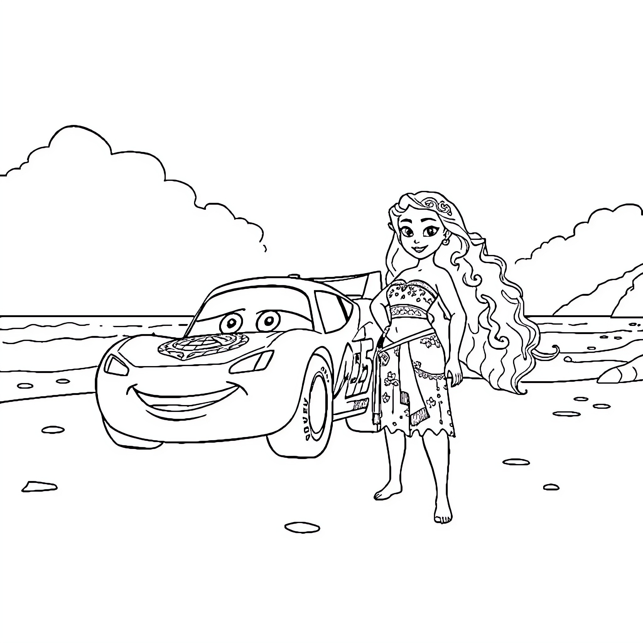Flash McQueen and female character on the beach Coloring Page (free black-and-white line drawing printable PDF for all, from beginners to advanced learners, including children, teens, adults, and seniors)