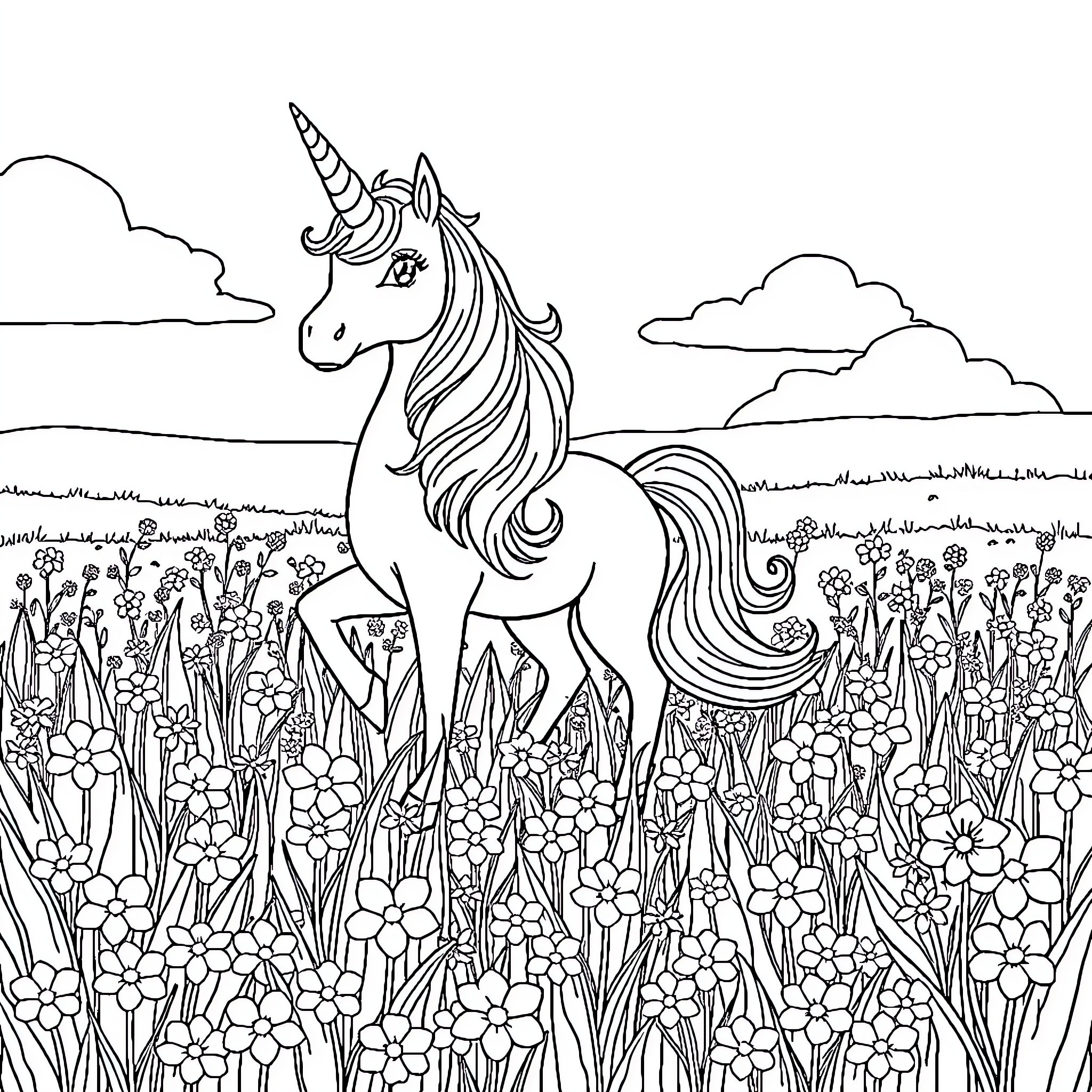 Unicorn amidst a field of flowers Coloring Page (free black-and-white line drawing printable PDF for all, from beginners to advanced learners, including children, teens, adults, and seniors)