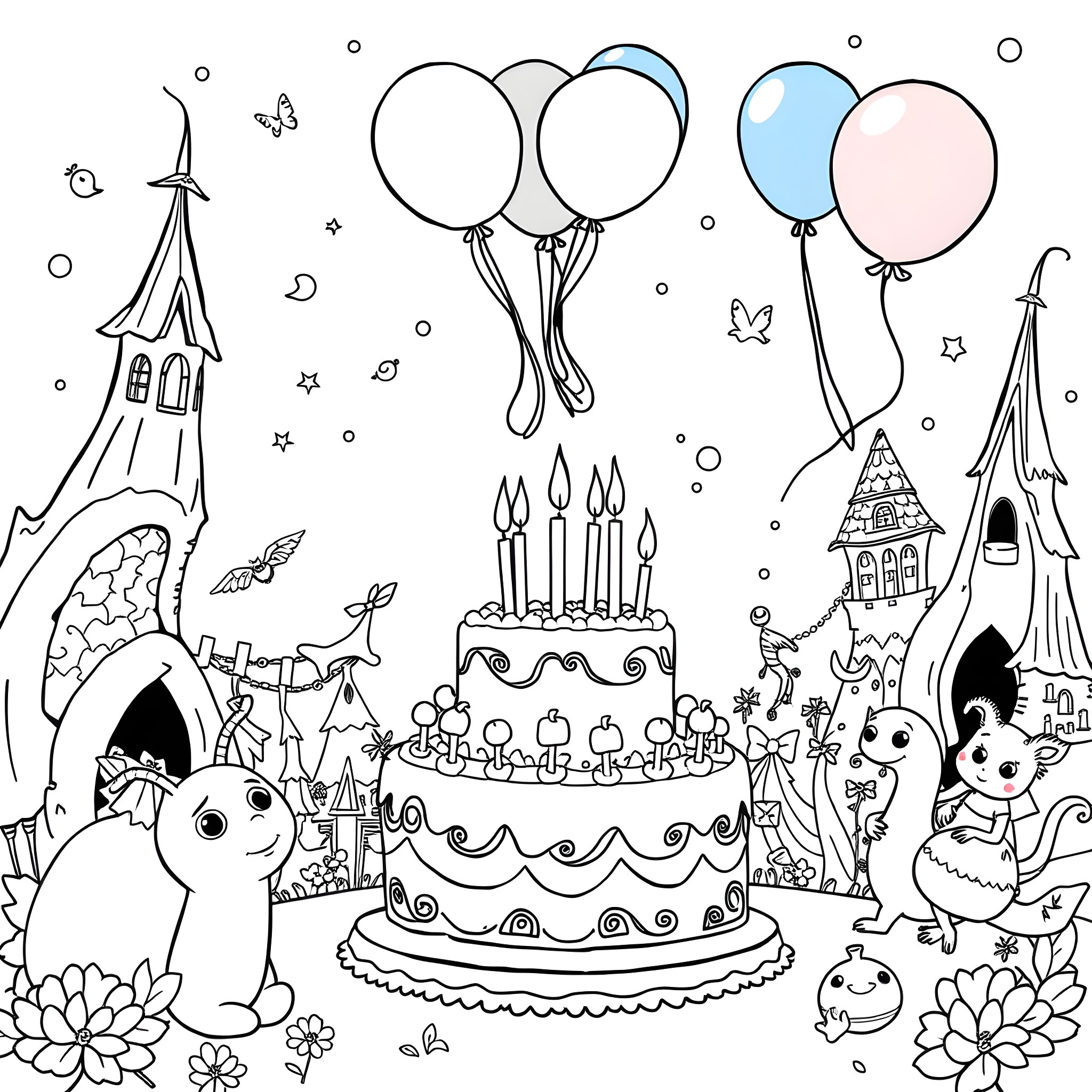 Coraline's Magical Birthday Celebration Coloring Page (free black-and-white line drawing printable PDF for all, from beginners to advanced learners, including children, teens, adults, and seniors)