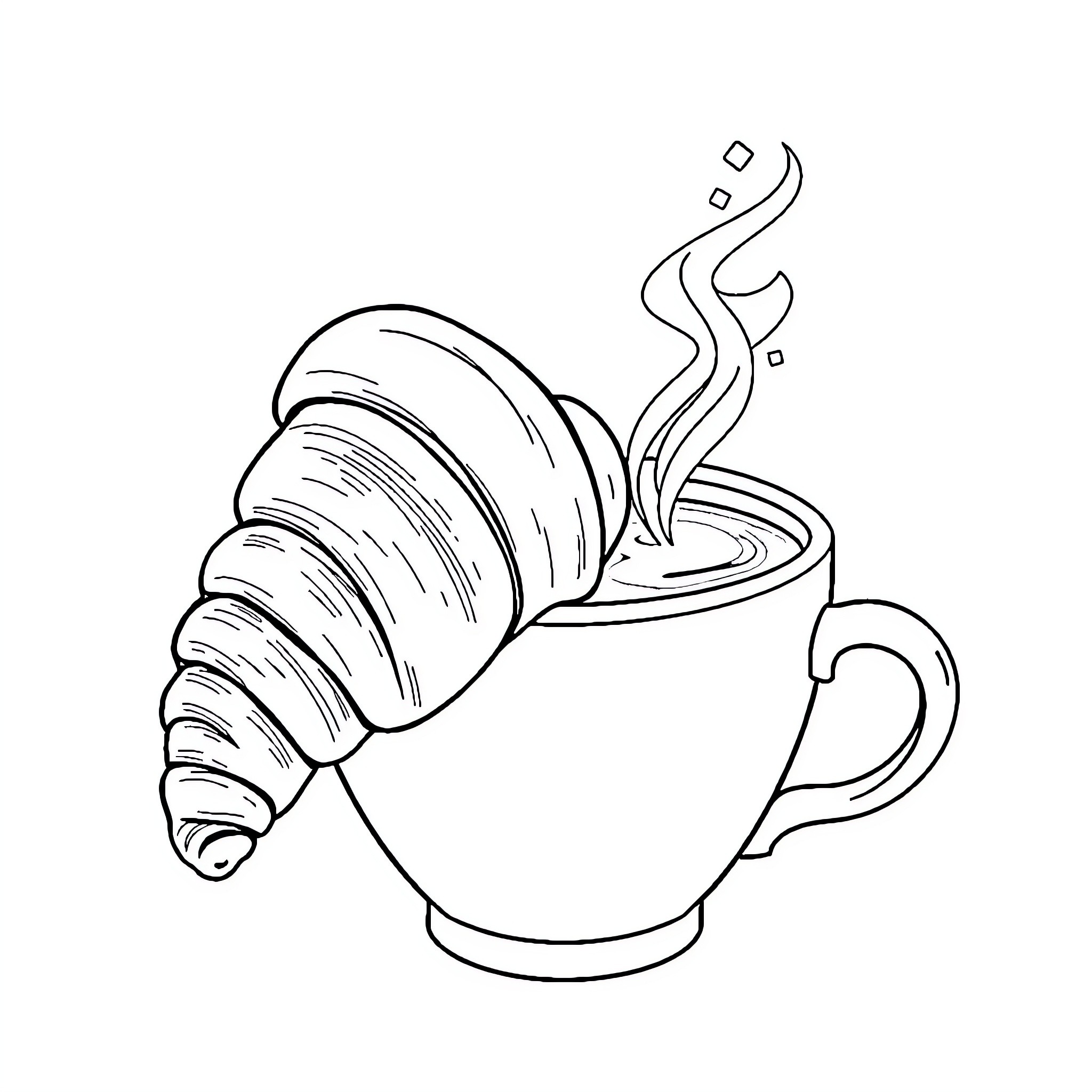 Croissant steaming in a cozy cup Coloring Page (free black-and-white line drawing printable PDF for all, from beginners to advanced learners, including children, teens, adults, and seniors)
