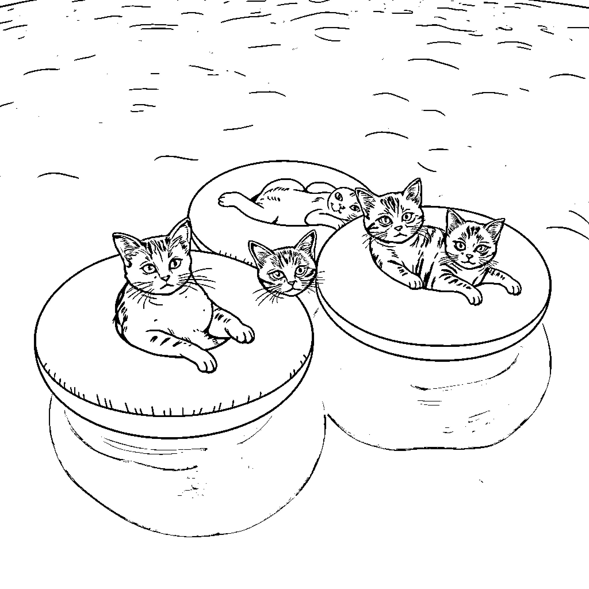 Cats playing in boxes Coloring Page (free black-and-white line drawing printable PDF for all, from beginners to advanced learners, including children, teens, adults, and seniors)
