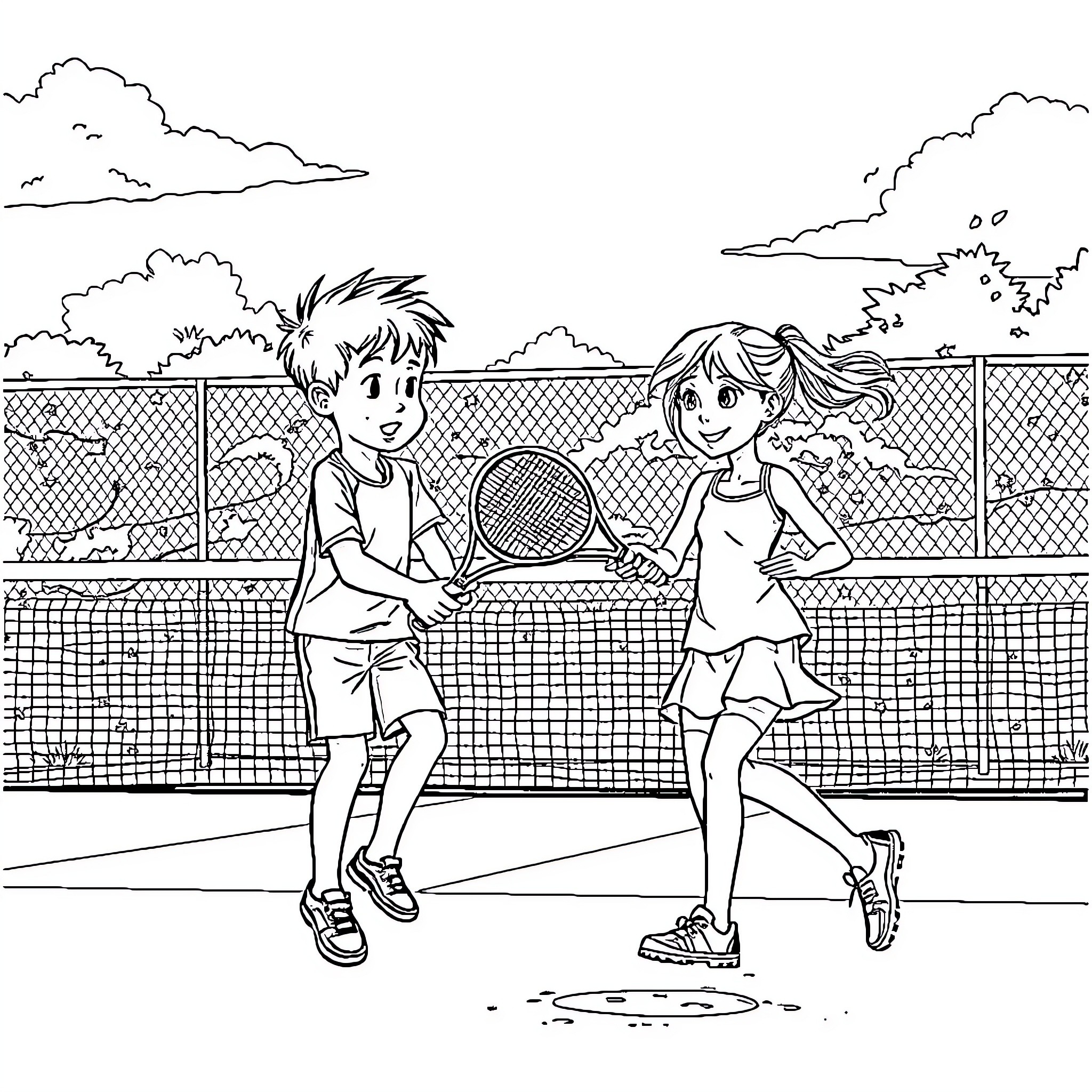 Tennis players in action on the court Coloring Page (free black-and-white line drawing printable PDF for all, from beginners to advanced learners, including children, teens, adults, and seniors)