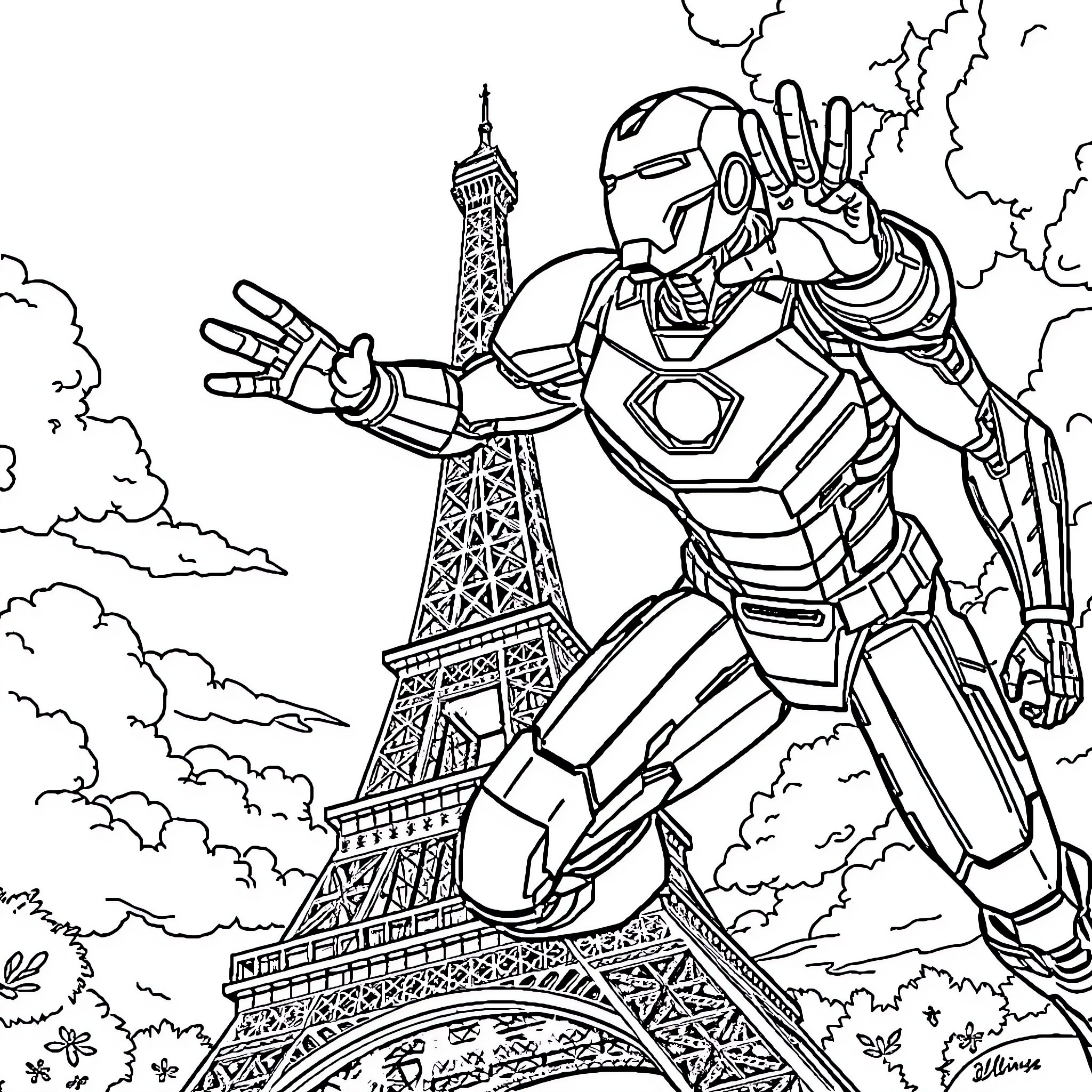 Iron Man Heroic Pose near Eiffel Tower Coloring Page (free black-and-white line drawing printable PDF for all, from beginners to advanced learners, including children, teens, adults, and seniors)