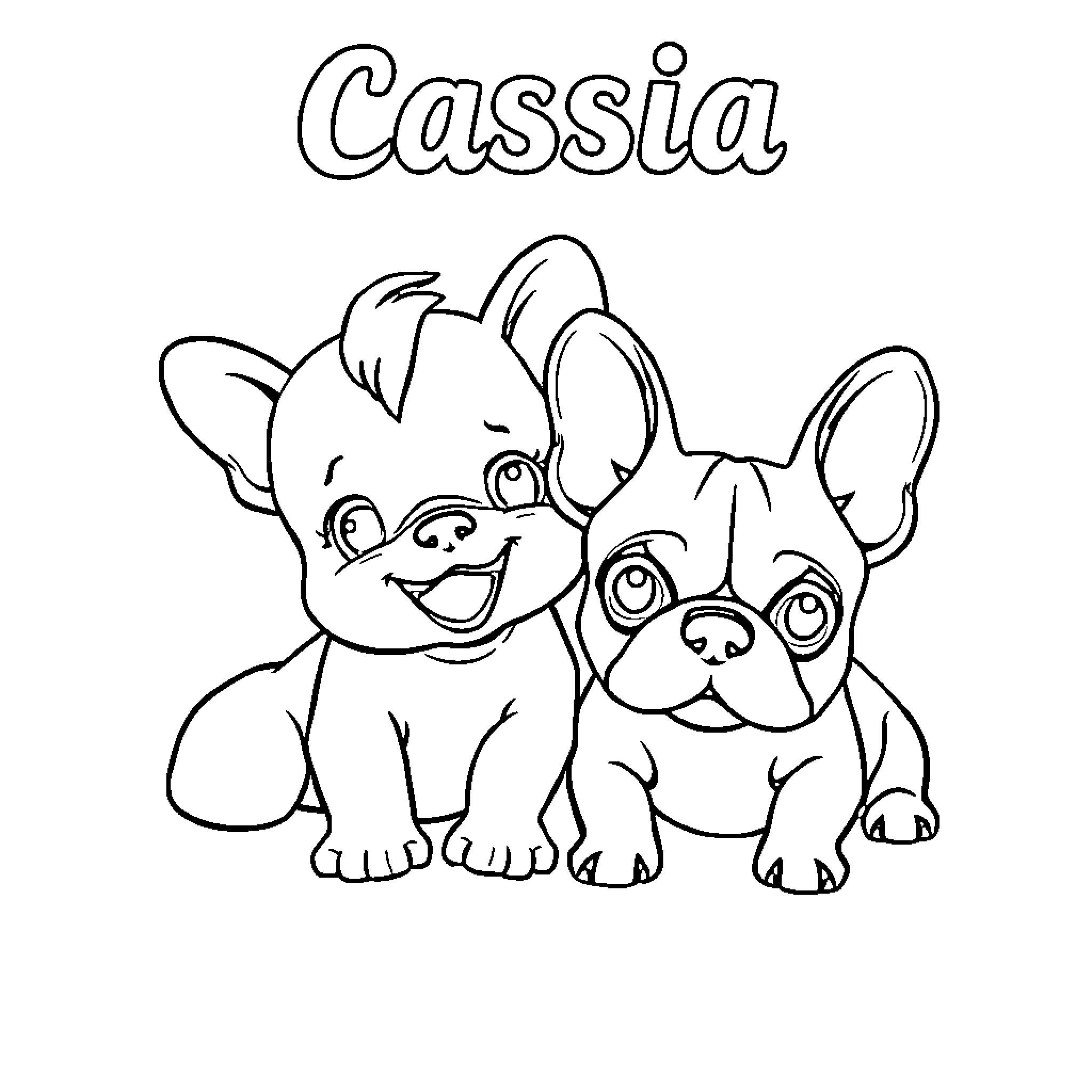 Cassia's Playful Puppy Pals Coloring Page (free black-and-white line drawing printable PDF for all, from beginners to advanced learners, including children, teens, adults, and seniors)