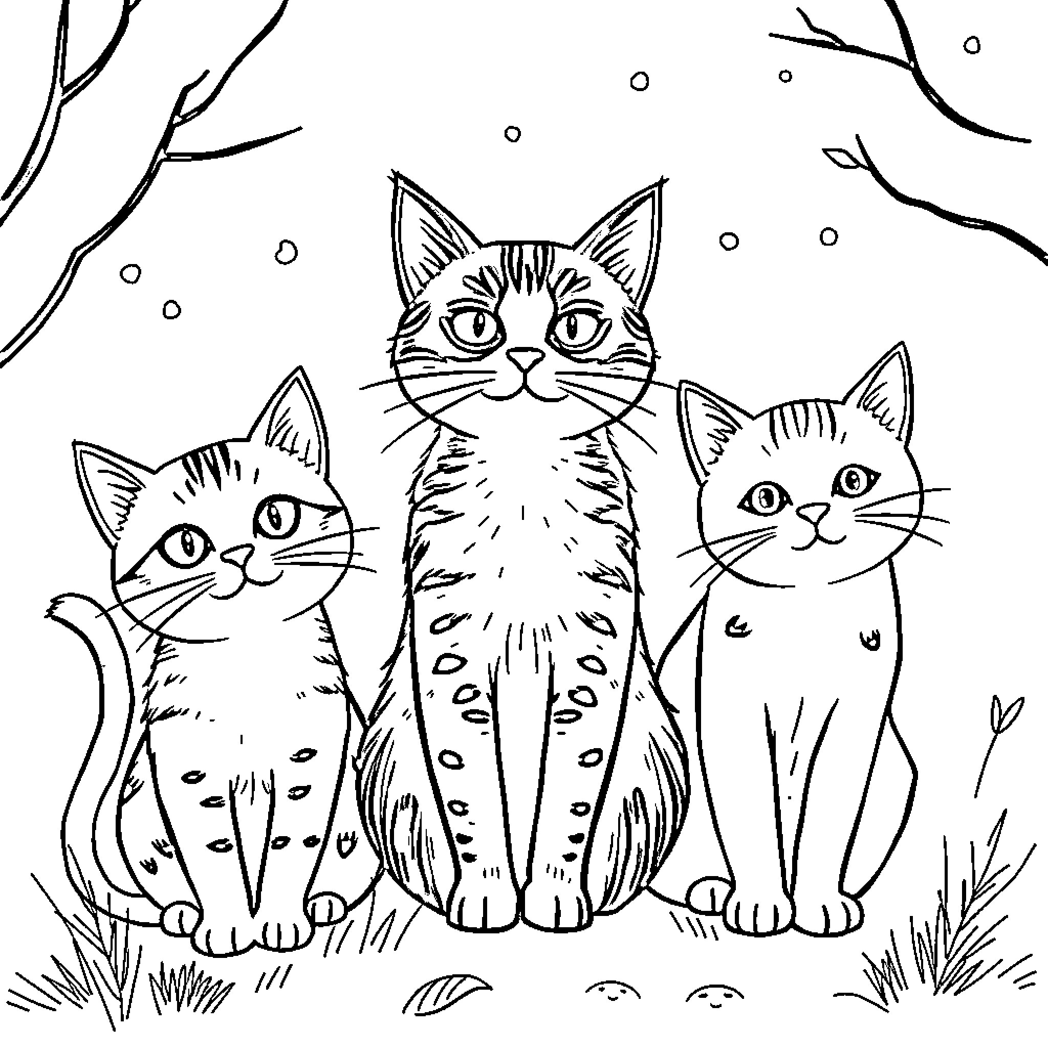Cat trio in snowy forest Coloring Page (free black-and-white line drawing printable PDF for all, from beginners to advanced learners, including children, teens, adults, and seniors)