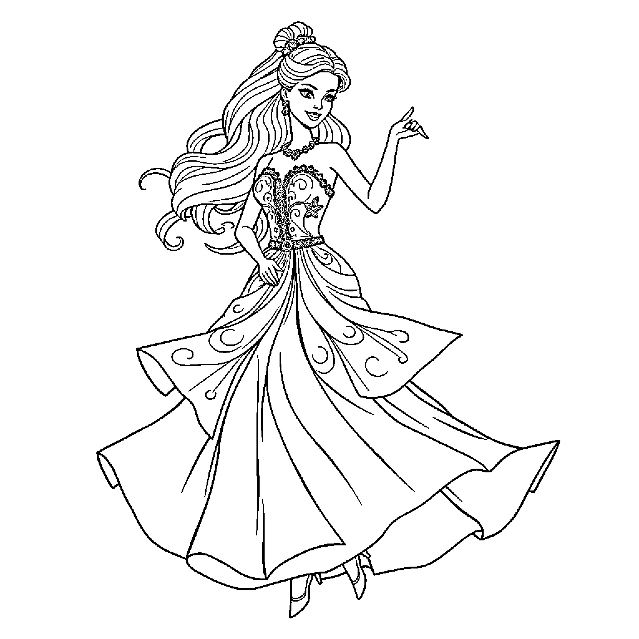 Barbie in Elegant Ballroom Gown Posing Gracefully Coloring Page (free black-and-white line drawing printable PDF for all, from beginners to advanced learners, including children, teens, adults, and seniors)