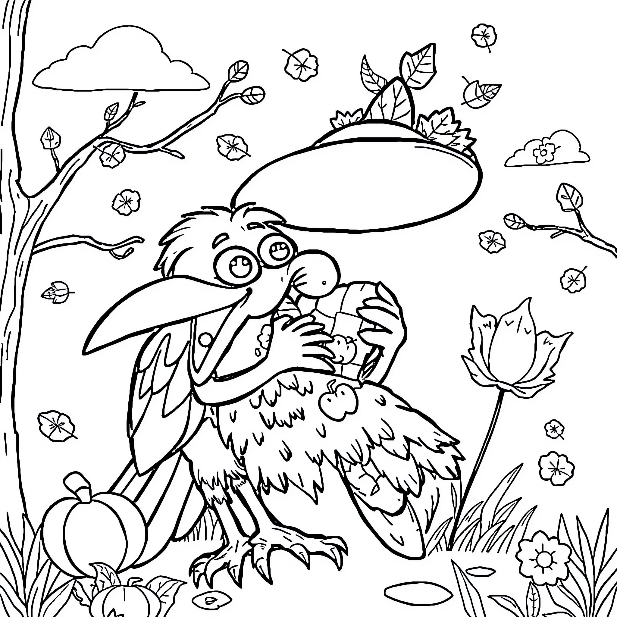 Fall Guy Cartoon Bird in Autumn Foliage Coloring Page (free black-and-white line drawing printable PDF for all, from beginners to advanced learners, including children, teens, adults, and seniors)