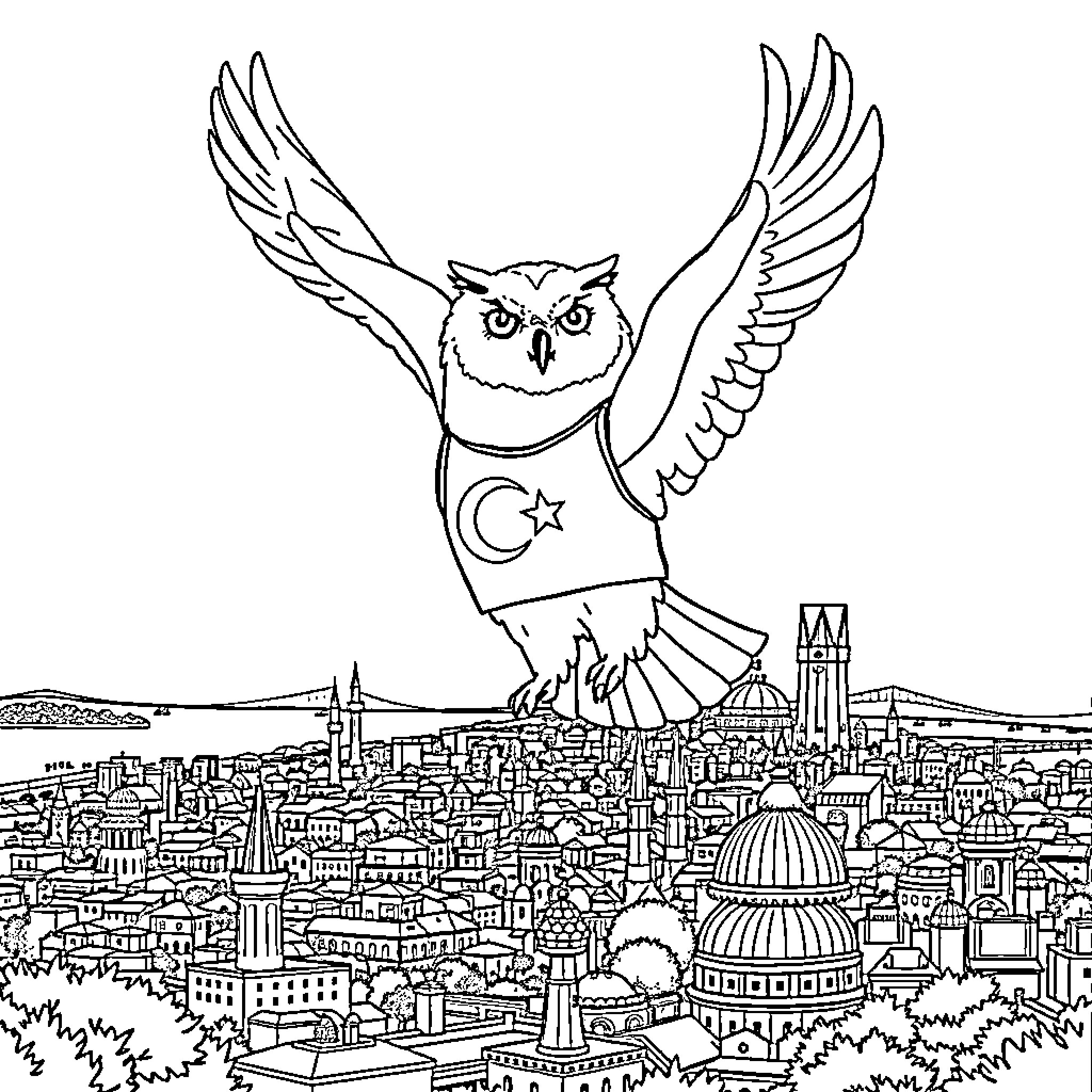 Owl Soaring Over Cityscape With Crescent Moon Coloring Page (free black-and-white line drawing printable PDF for all, from beginners to advanced learners, including children, teens, adults, and seniors)