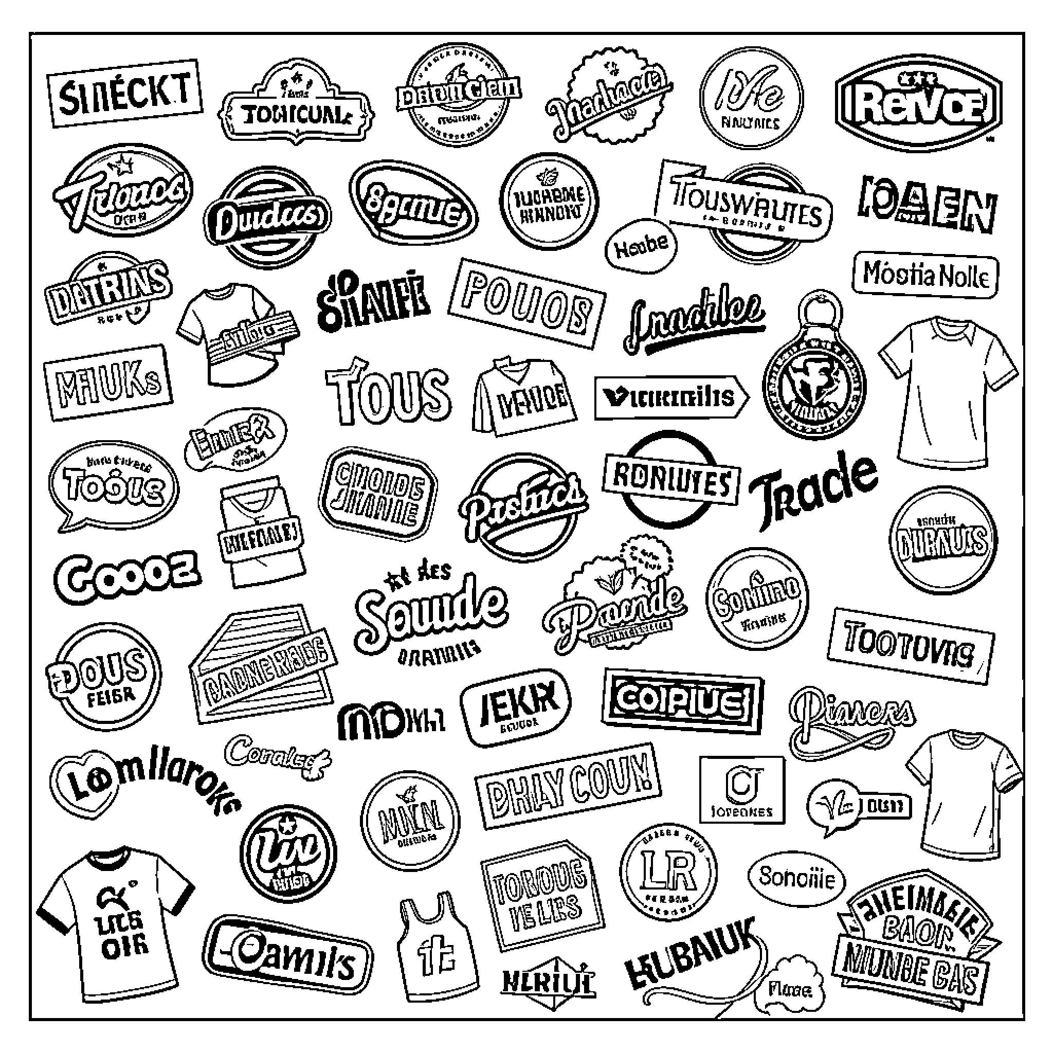 Logo collection featuring various text shapes and graphic elements Coloring Page (free black-and-white line drawing printable PDF for all, from beginners to advanced learners, including children, teens, adults, and seniors)