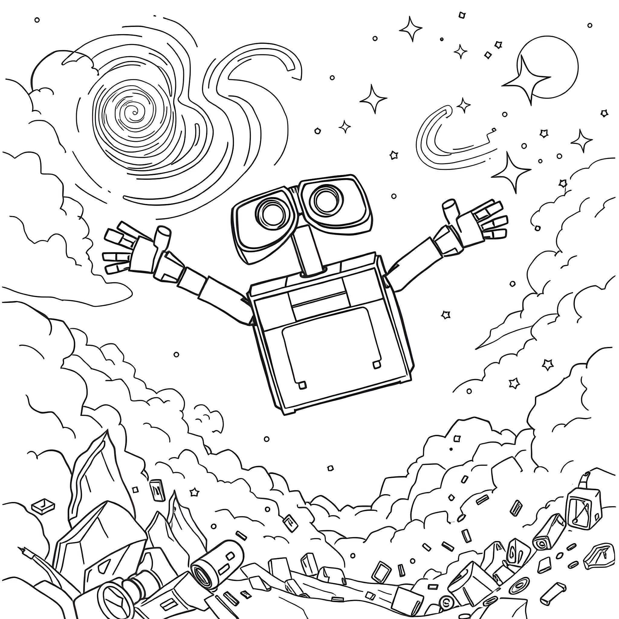 Wall-E exploring the galaxy with wonder Coloring Page (free black-and-white line drawing printable PDF for all, from beginners to advanced learners, including children, teens, adults, and seniors)