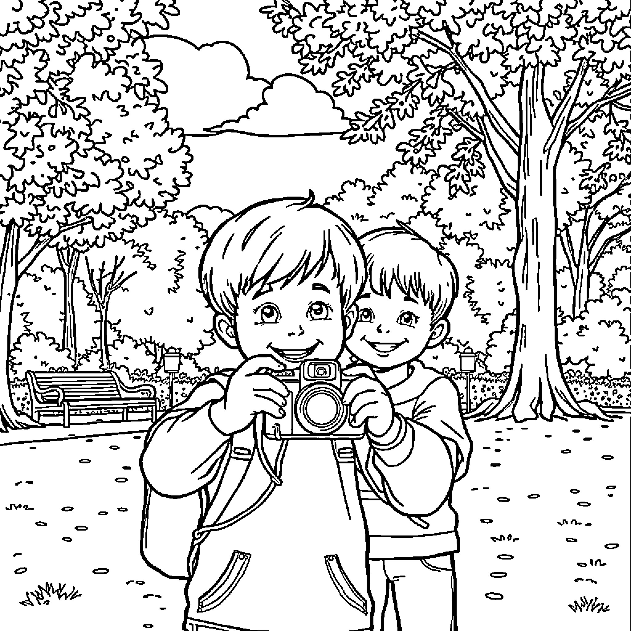 Boys exploring nature with camera in park Coloring Page (free black-and-white line drawing printable PDF for all, from beginners to advanced learners, including children, teens, adults, and seniors)