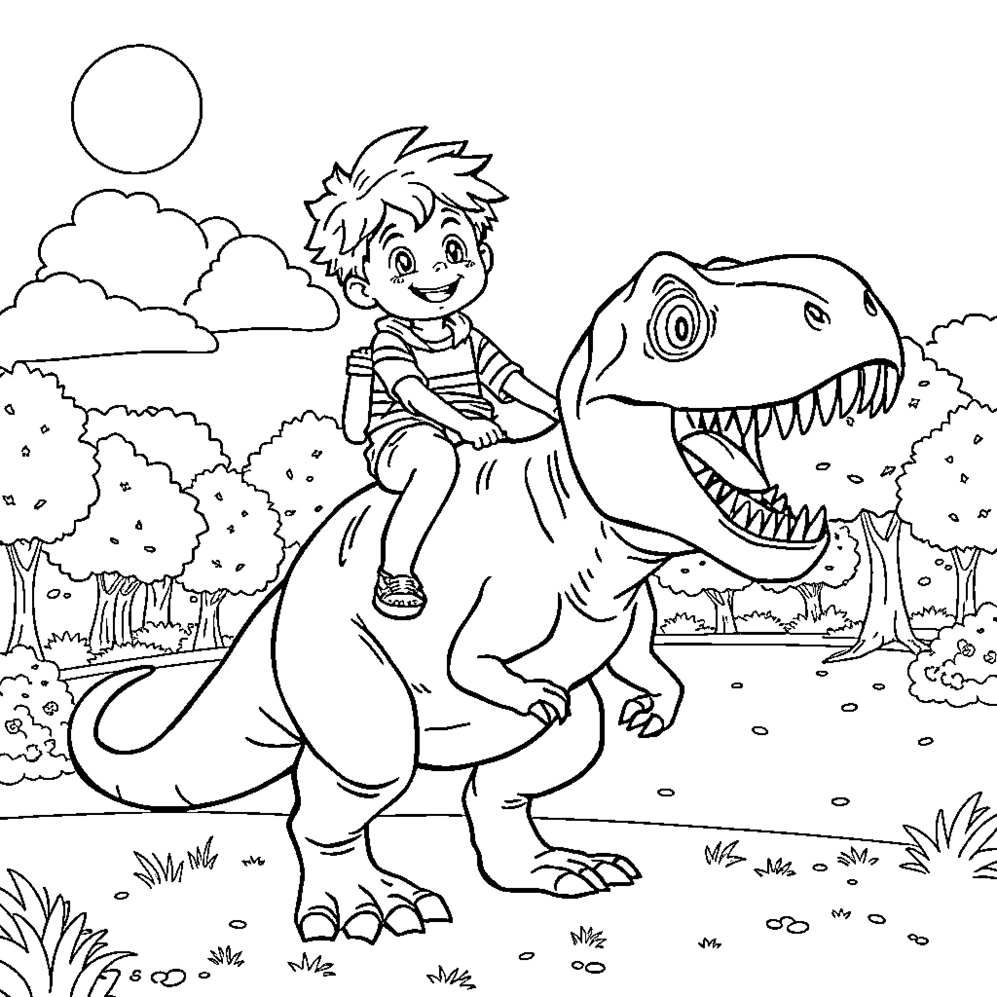 Boy riding a friendly dinosaur in the wilderness Coloring Page (free black-and-white line drawing printable PDF for all, from beginners to advanced learners, including children, teens, adults, and seniors)