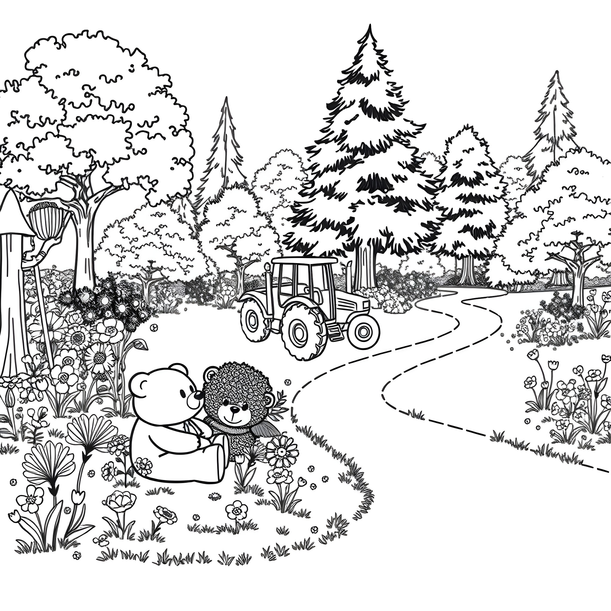 Teddy Bears Relaxing in Scenic Forest Landscape Coloring Page (free black-and-white line drawing printable PDF for all, from beginners to advanced learners, including children, teens, adults, and seniors)