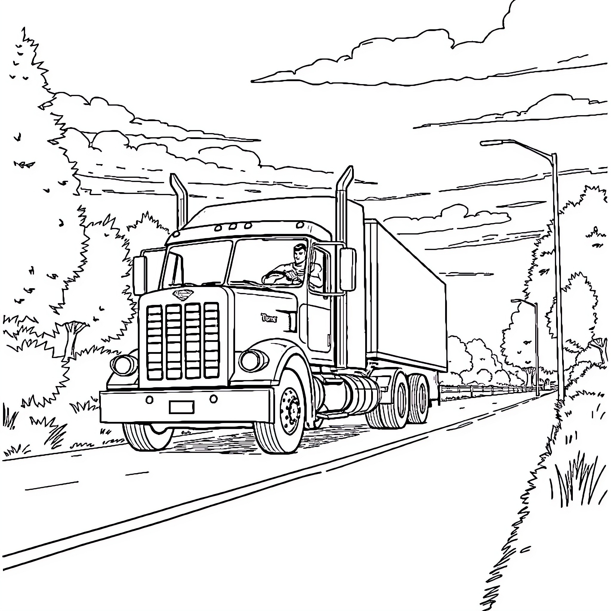 Superman's Trucker Journey on the Open Road Coloring Page (free black-and-white line drawing printable PDF for all, from beginners to advanced learners, including children, teens, adults, and seniors)