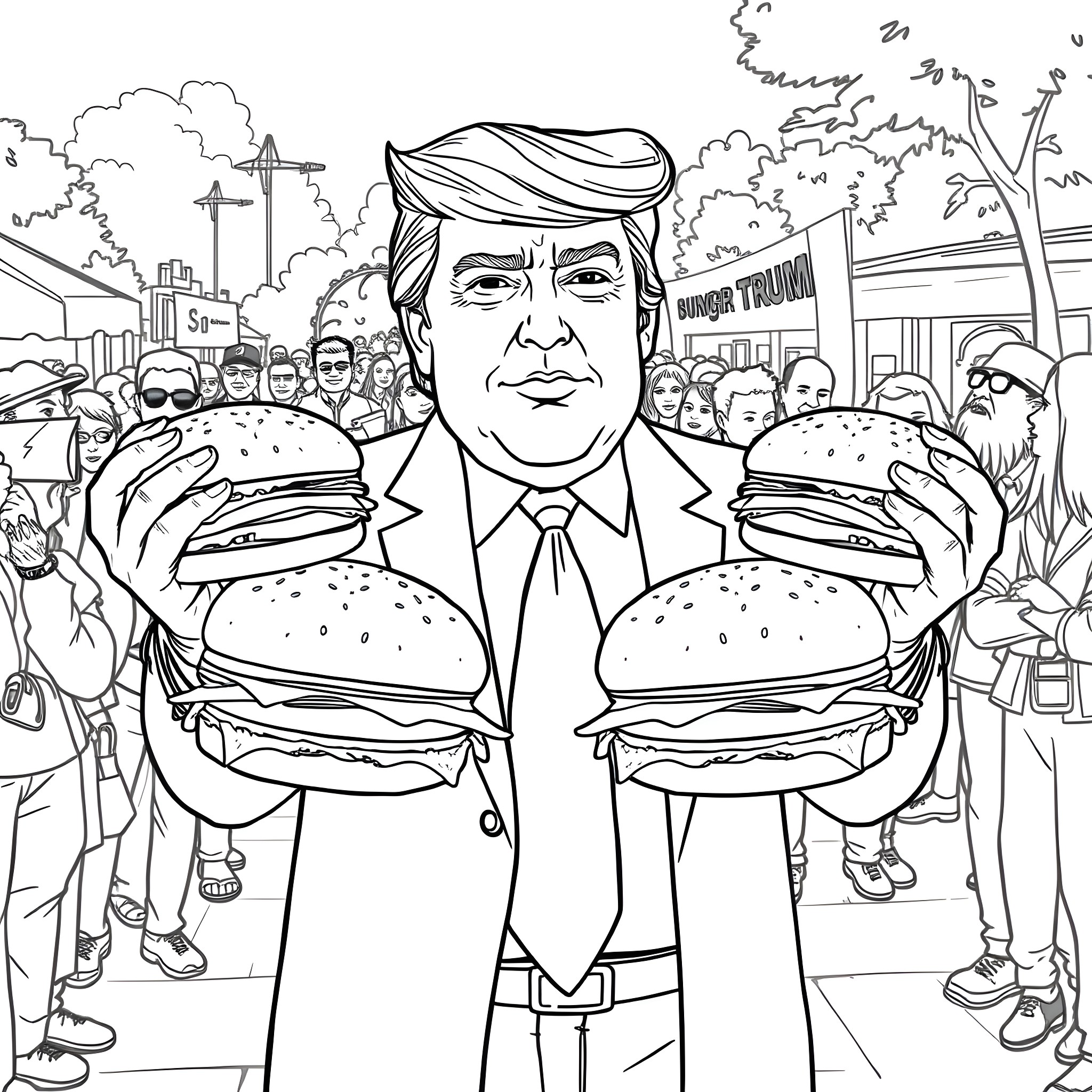 Donald Trump serving burgers to supporters at a rally Coloring Page (free black-and-white line drawing printable PDF for all, from beginners to advanced learners, including children, teens, adults, and seniors)