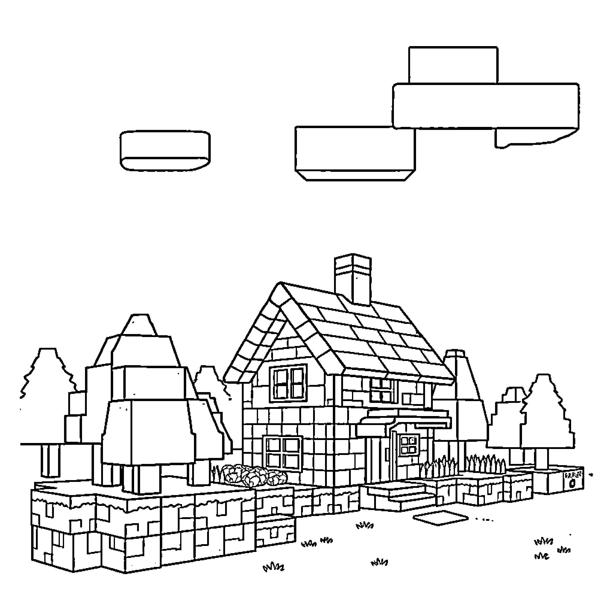 Minecraft building with house and structures Coloring Page (free black-and-white line drawing printable PDF for all, from beginners to advanced learners, including children, teens, adults, and seniors)