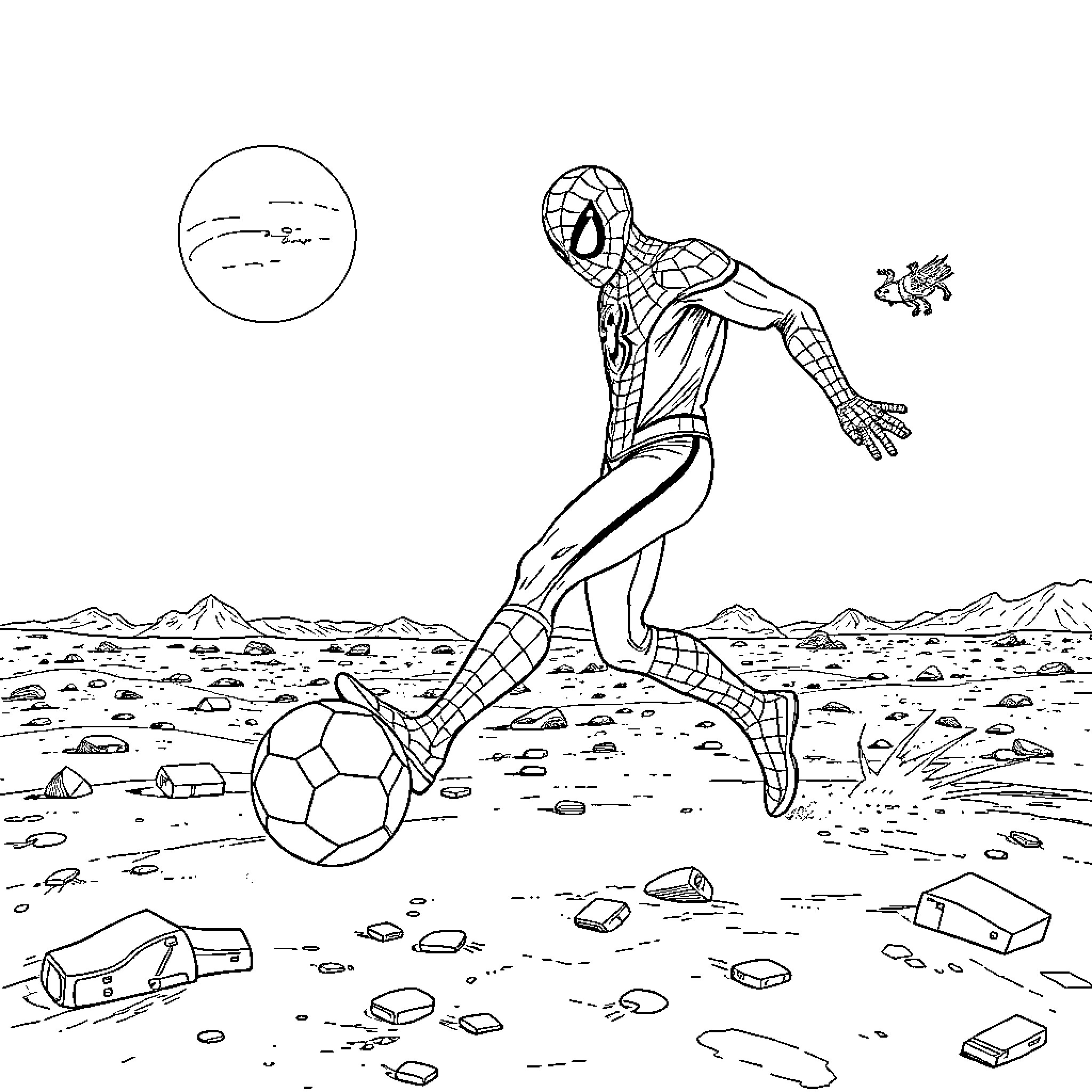 Spiderman playing soccer in the desert landscape Coloring Page (free black-and-white line drawing printable PDF for all, from beginners to advanced learners, including children, teens, adults, and seniors)