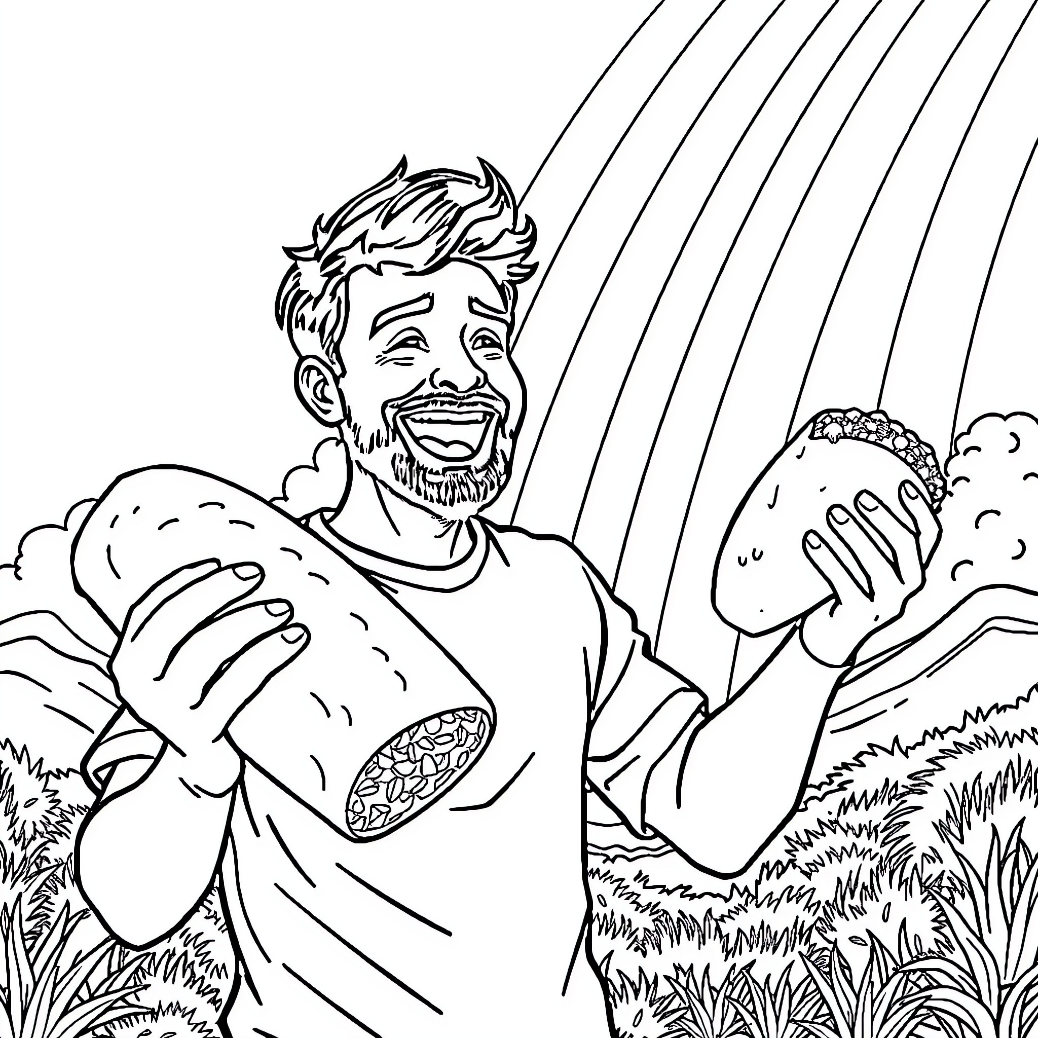 Man rejoicing joyfully in a serene outdoor setting Coloring Page (free black-and-white line drawing printable PDF for all, from beginners to advanced learners, including children, teens, adults, and seniors)