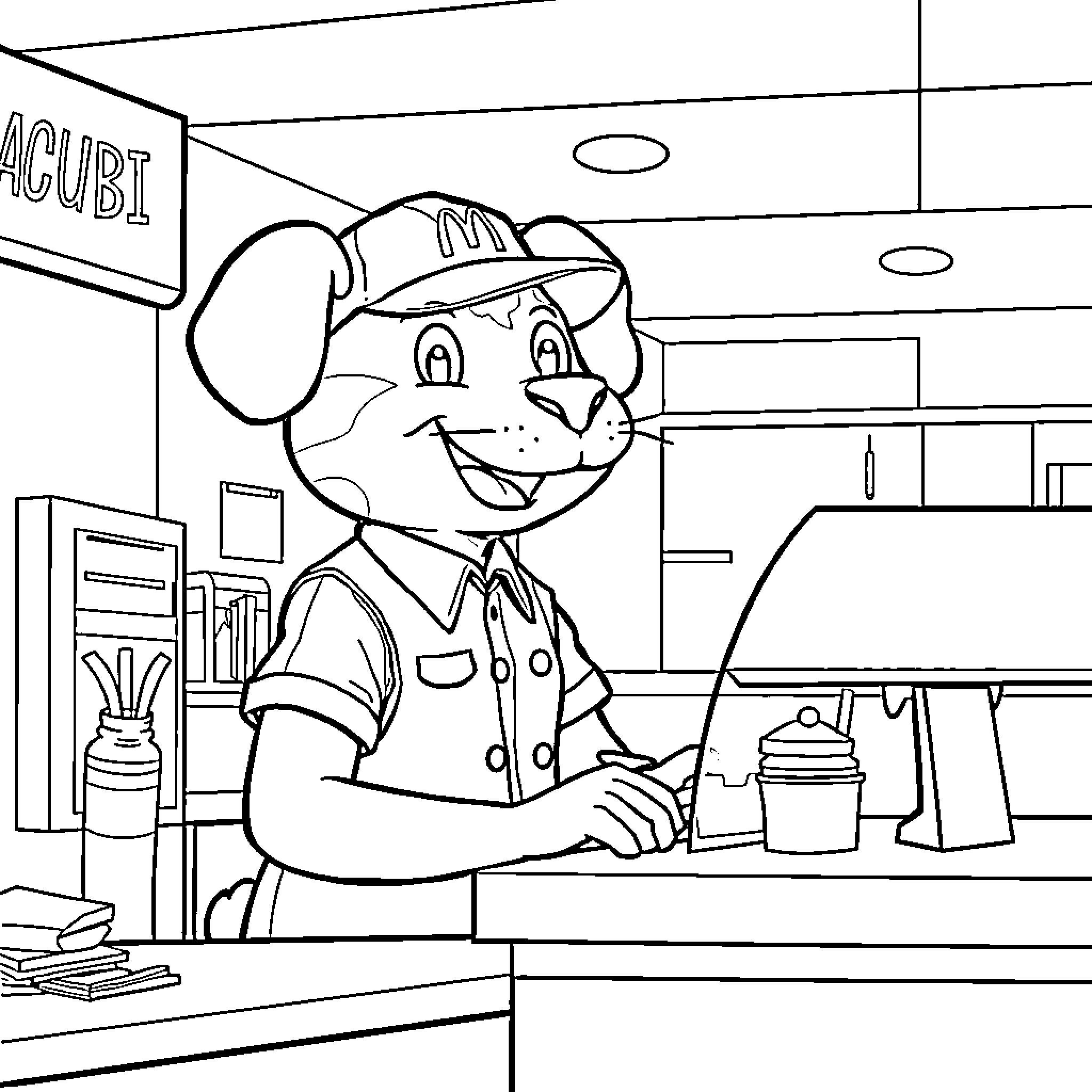 Labubu working happily at a convenience store Coloring Page (free black-and-white line drawing printable PDF for all, from beginners to advanced learners, including children, teens, adults, and seniors)