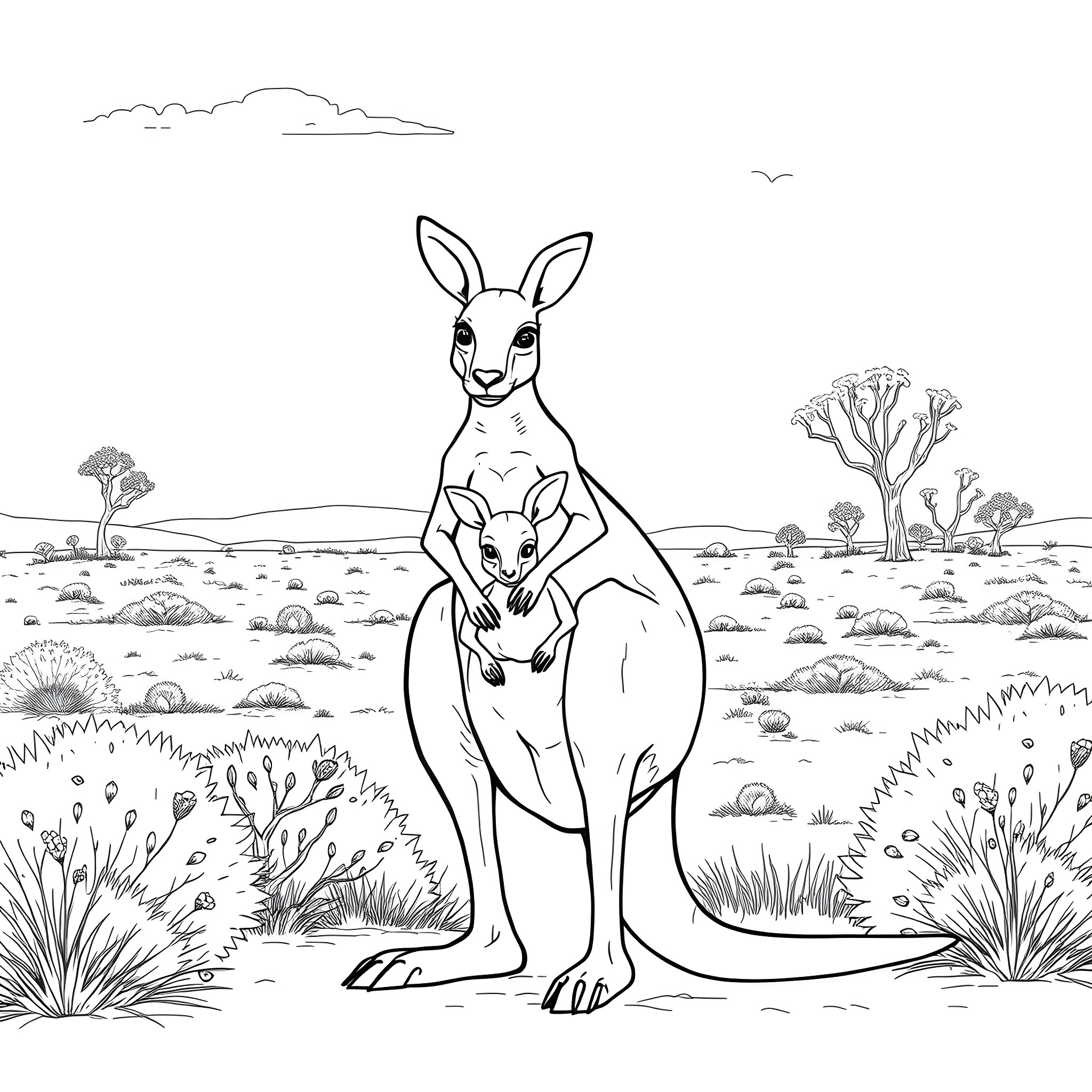 Kangaroo and baby in Australian outback landscape Coloring Page (free black-and-white line drawing printable PDF for all, from beginners to advanced learners, including children, teens, adults, and seniors)