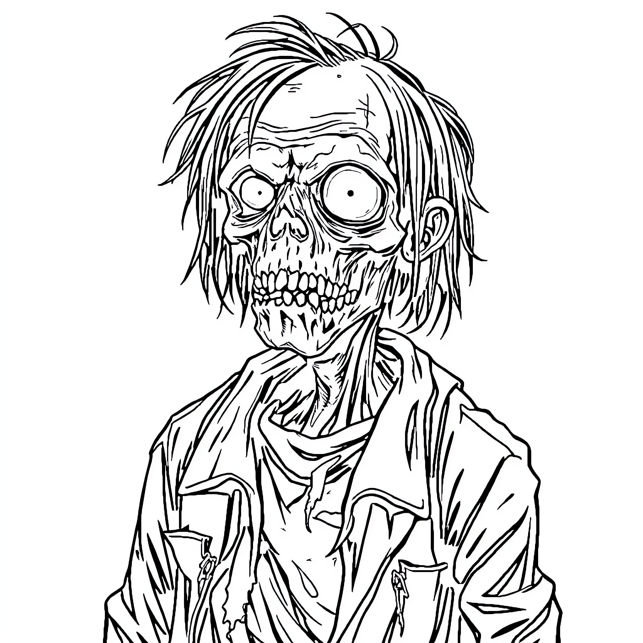 Zombie wearing tattered clothes with gruesome expression Coloring Page (free black-and-white line drawing printable PDF for all, from beginners to advanced learners, including children, teens, adults, and seniors)