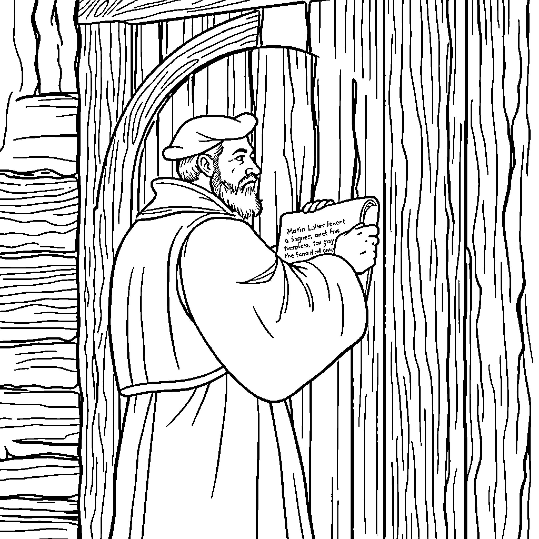 Martin Luther posting his Ninety-Five Theses on church door Coloring Page (free black-and-white line drawing printable PDF for all, from beginners to advanced learners, including children, teens, adults, and seniors)