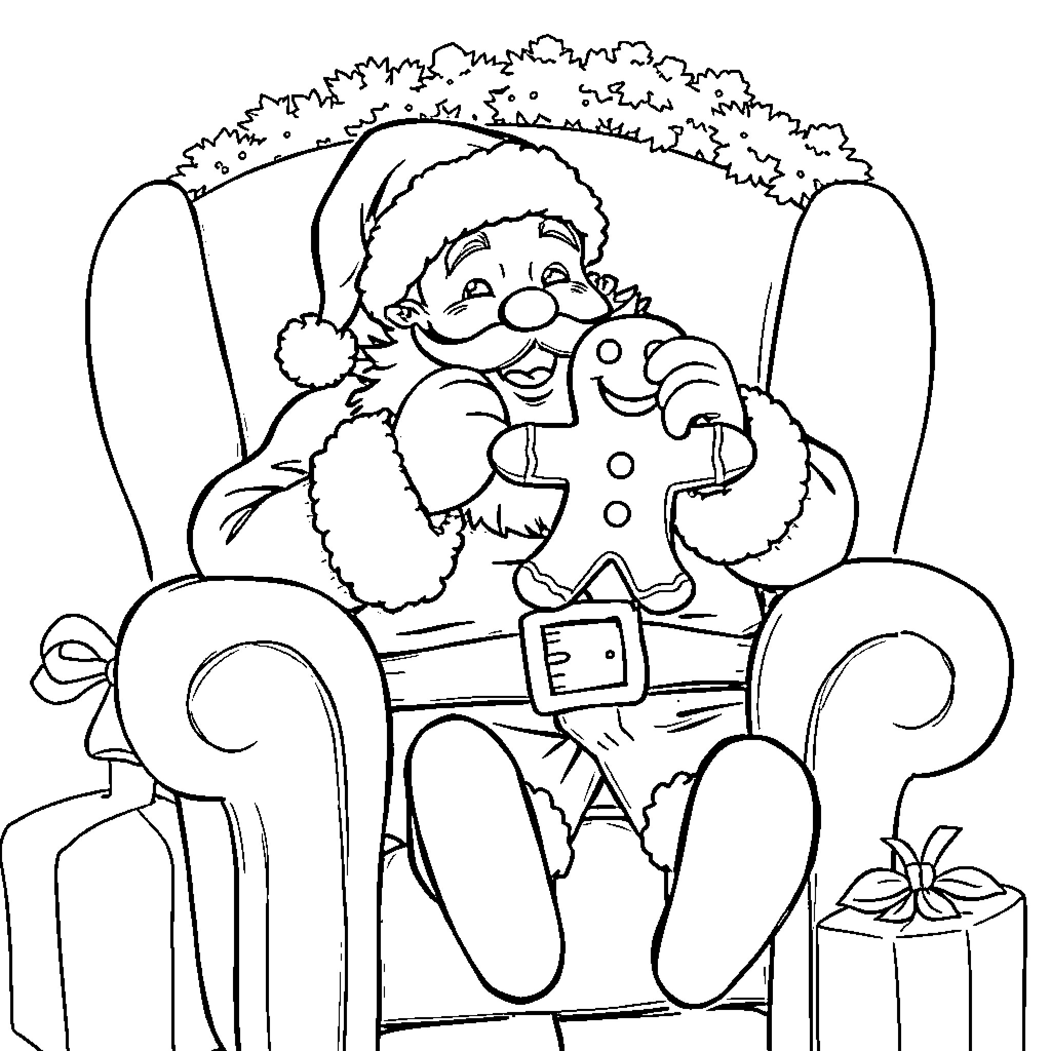 Santa relaxing comfortably in his armchair Coloring Page (free black-and-white line drawing printable PDF for all, from beginners to advanced learners, including children, teens, adults, and seniors)
