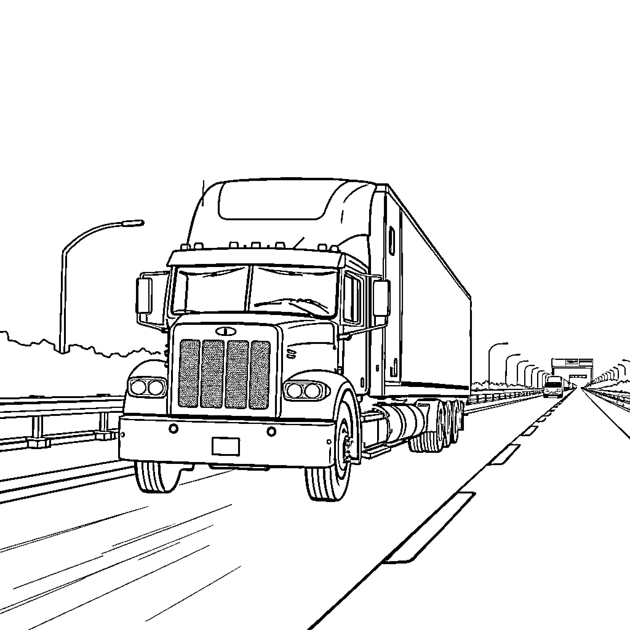 Truck hauling cargo on the highway Coloring Page (free black-and-white line drawing printable PDF for all, from beginners to advanced learners, including children, teens, adults, and seniors)