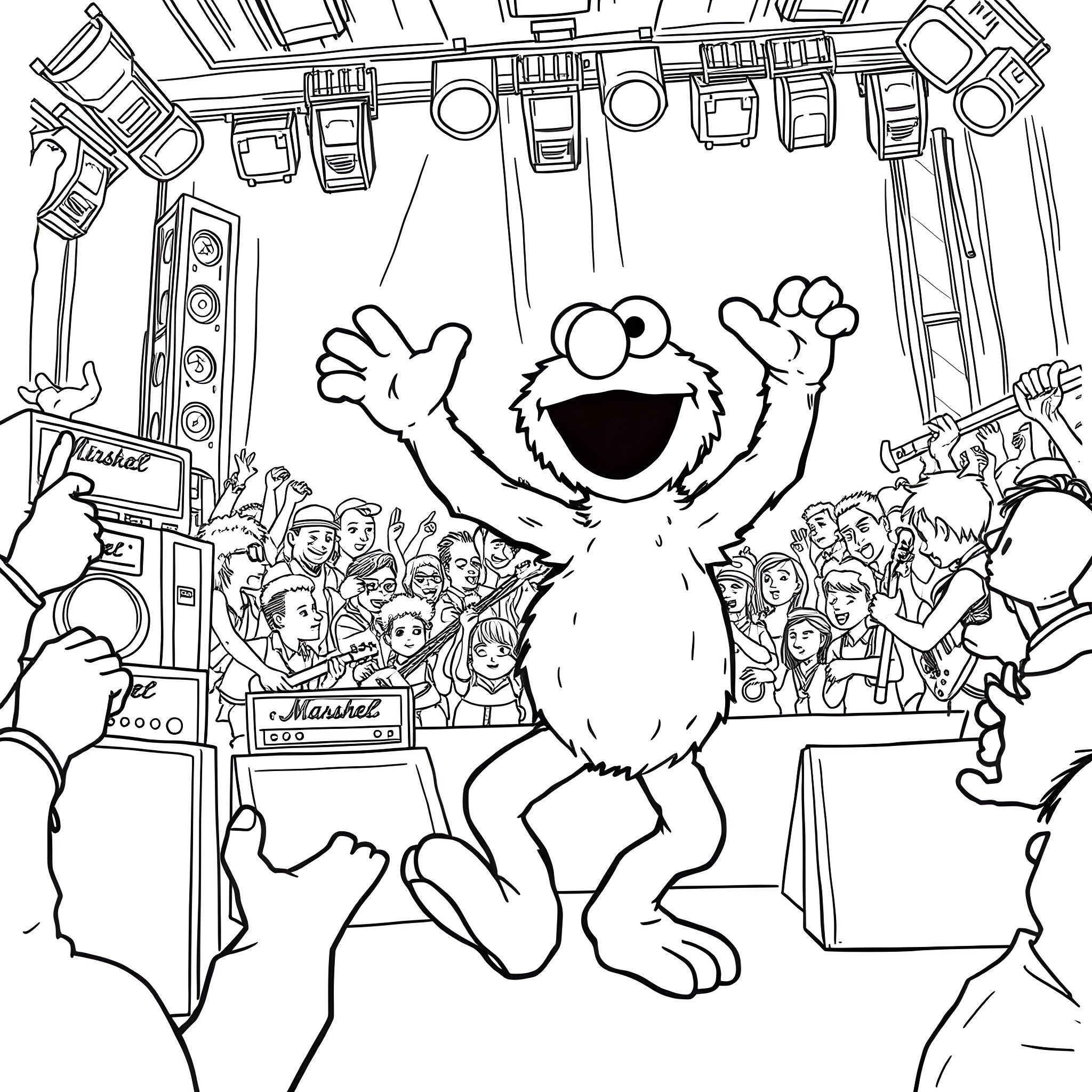 Elmo's Energetic Performance on Stage Coloring Page (free black-and-white line drawing printable PDF for all, from beginners to advanced learners, including children, teens, adults, and seniors)